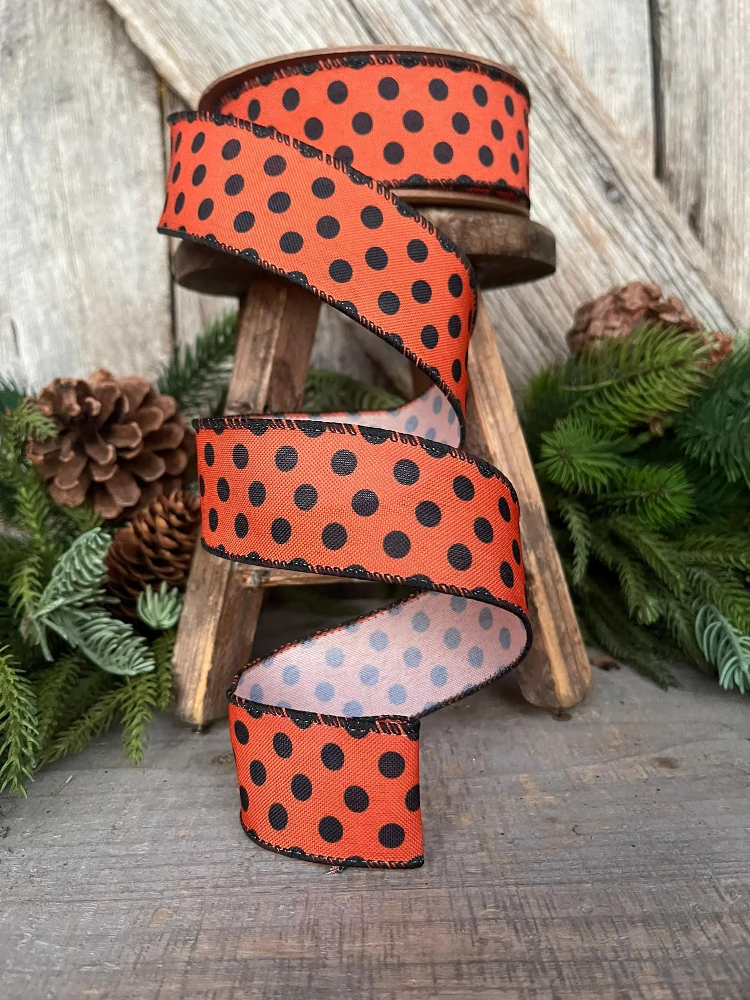 1.5" Orange Black Polka Dot Ribbon, Halloween RIbbon