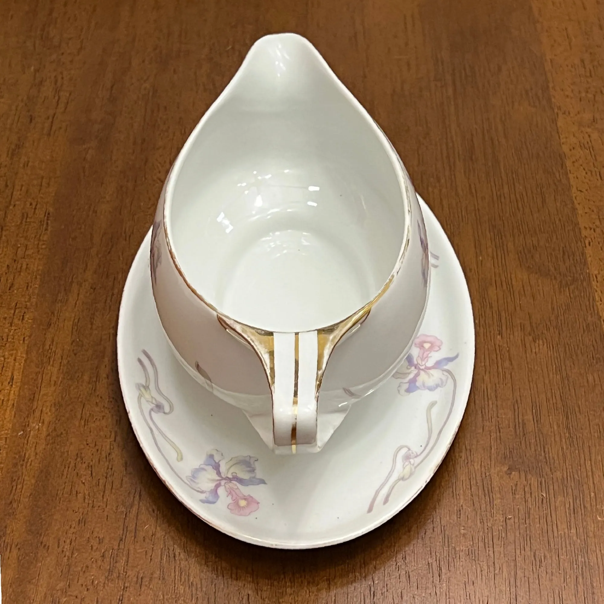 1930s Bohemia Ceramic Orchid Iris China Gravy Boat with Underplate, Gilt Trim