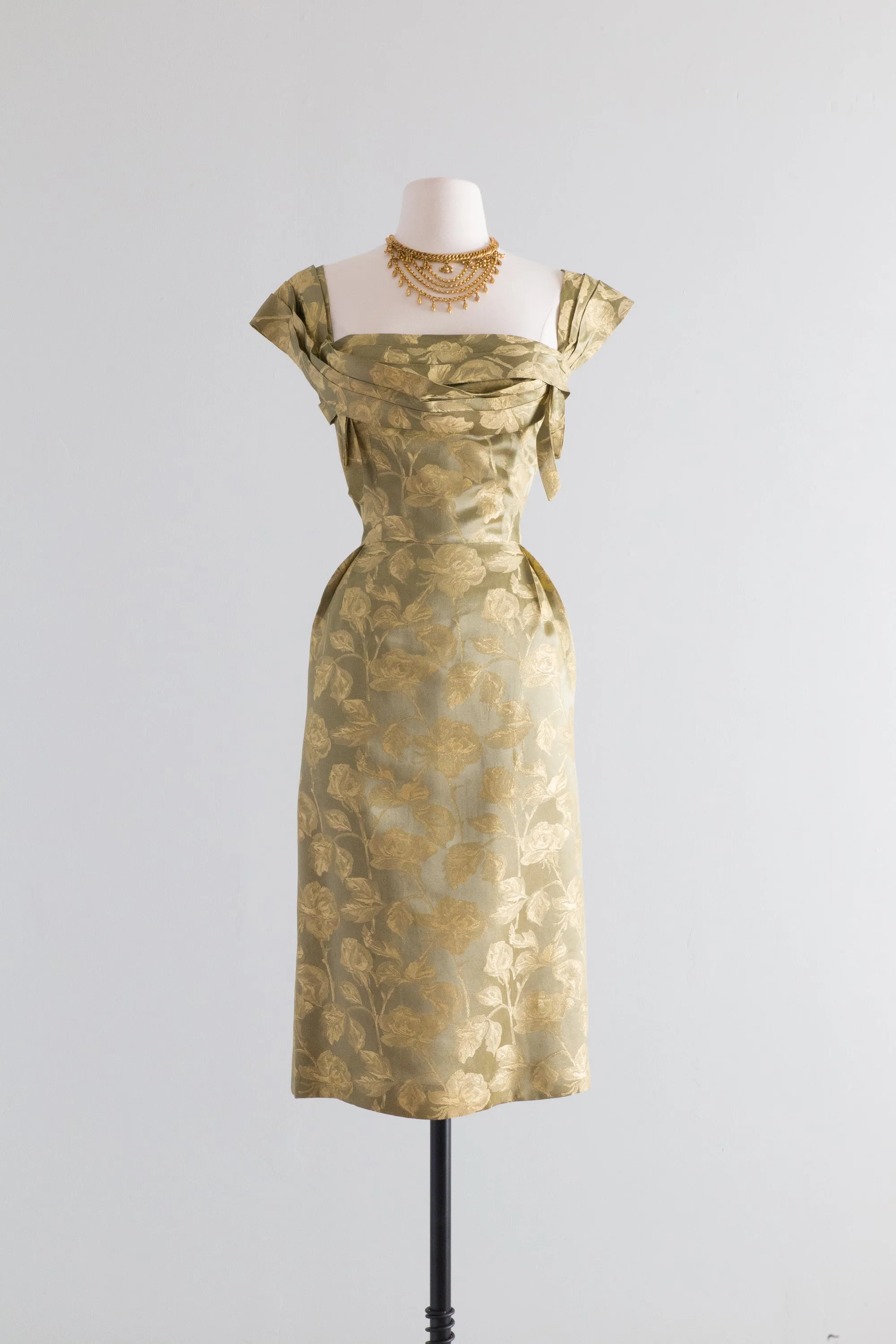 1950's Green Gold Silk Brocade Cocktail Dress By John Selby / Waist 26