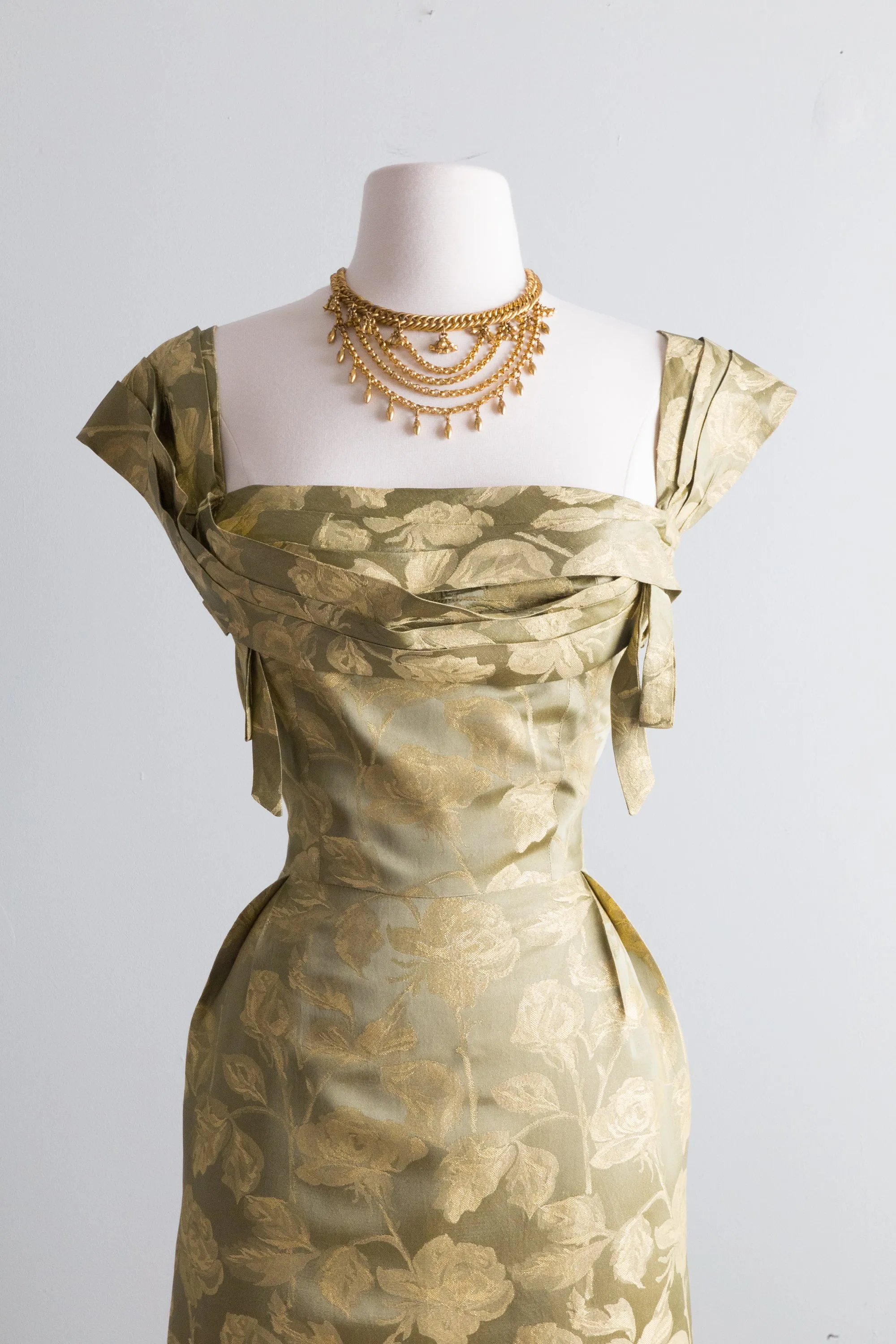 1950's Green Gold Silk Brocade Cocktail Dress By John Selby / Waist 26