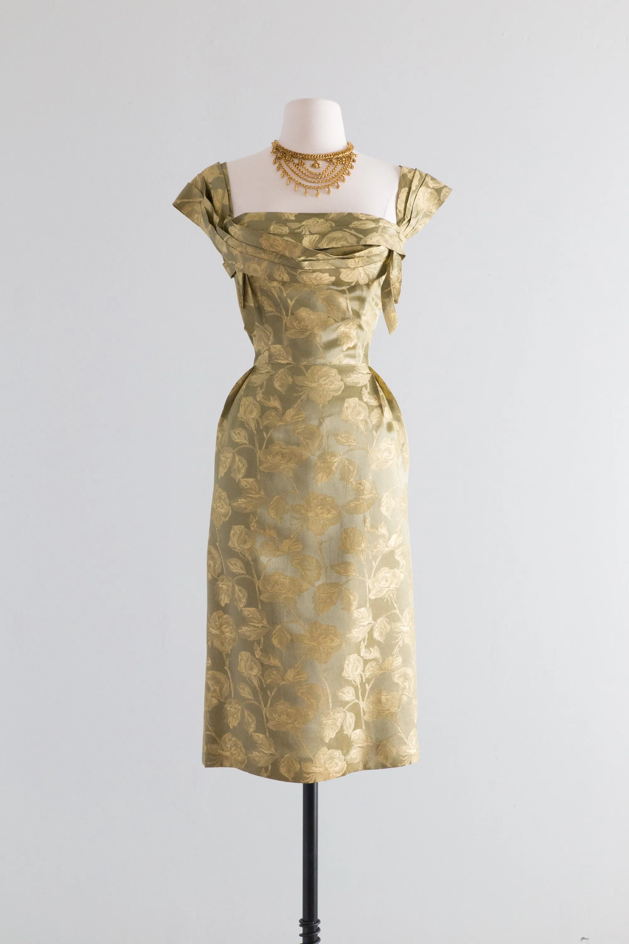 1950's Green Gold Silk Brocade Cocktail Dress By John Selby / Waist 26