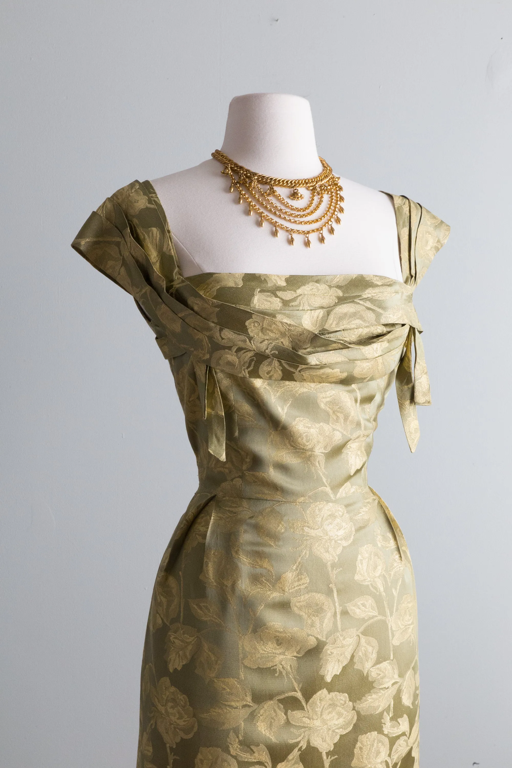 1950's Green Gold Silk Brocade Cocktail Dress By John Selby / Waist 26