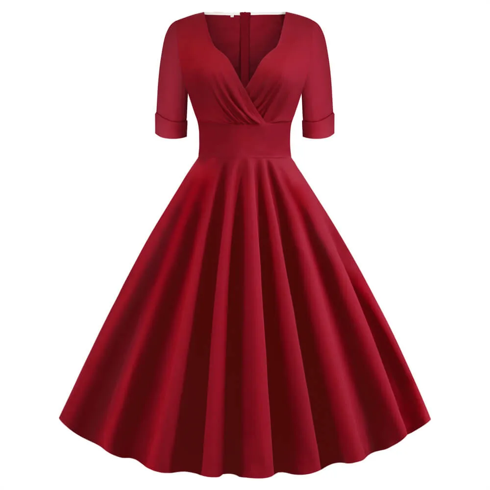 1950s Solid Long Sleeve Swing Dress