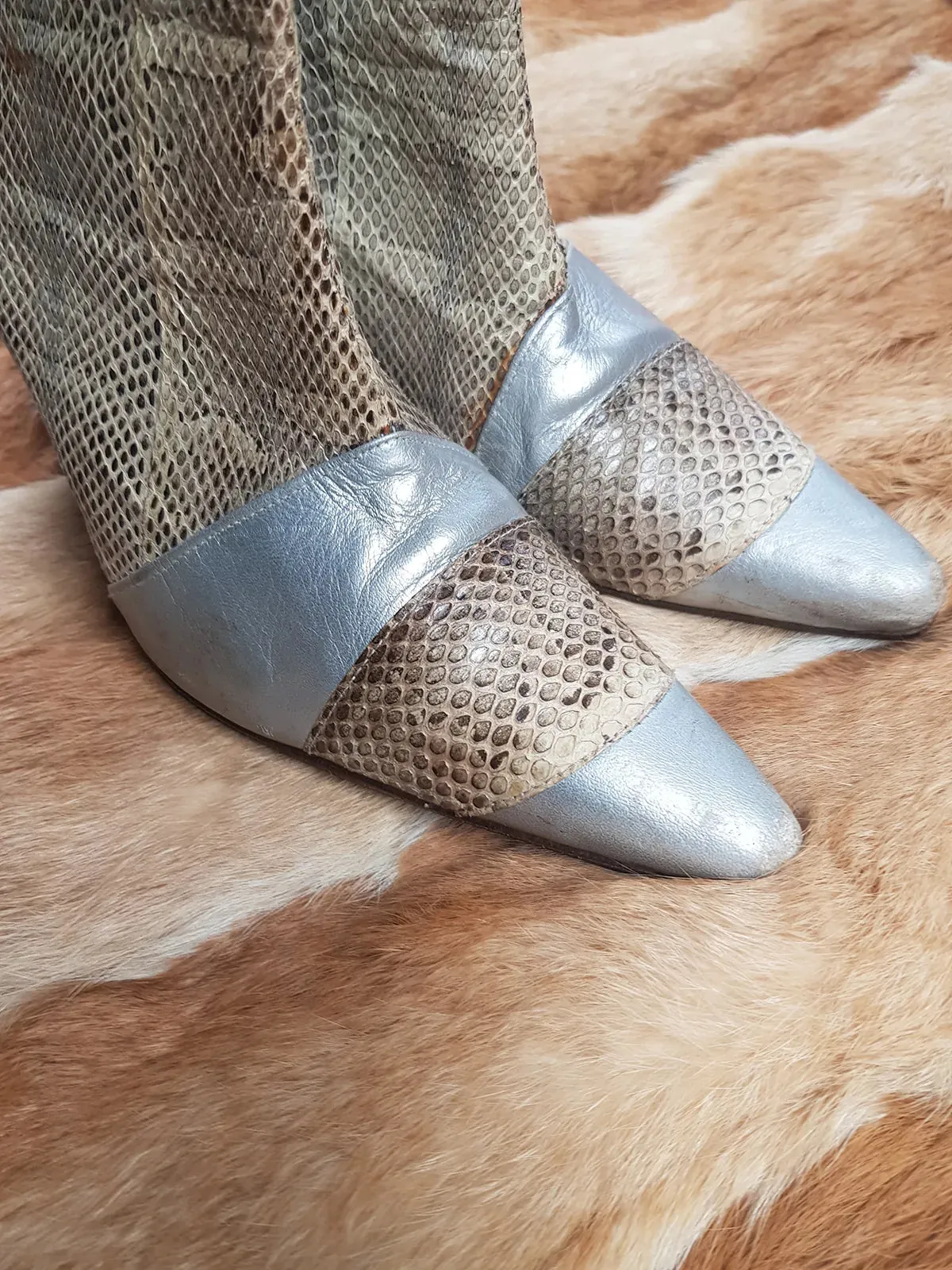 1960s Italian Authentic 100% Snakeskin & Leather Go Go Boots - Insane Metal Stiletto Heels - Silver & Natural Snake (European Size 38)