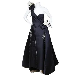 1960s Navy Blue Floral Appliqué Gown