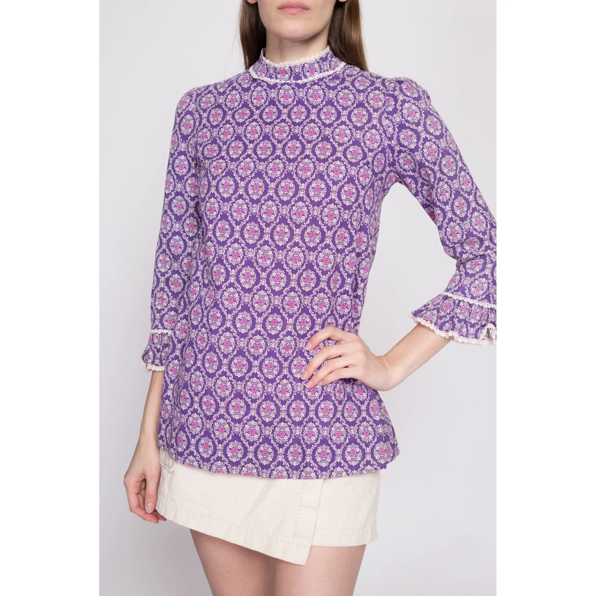 1960s Purple Floral Tunic Top - Extra Small