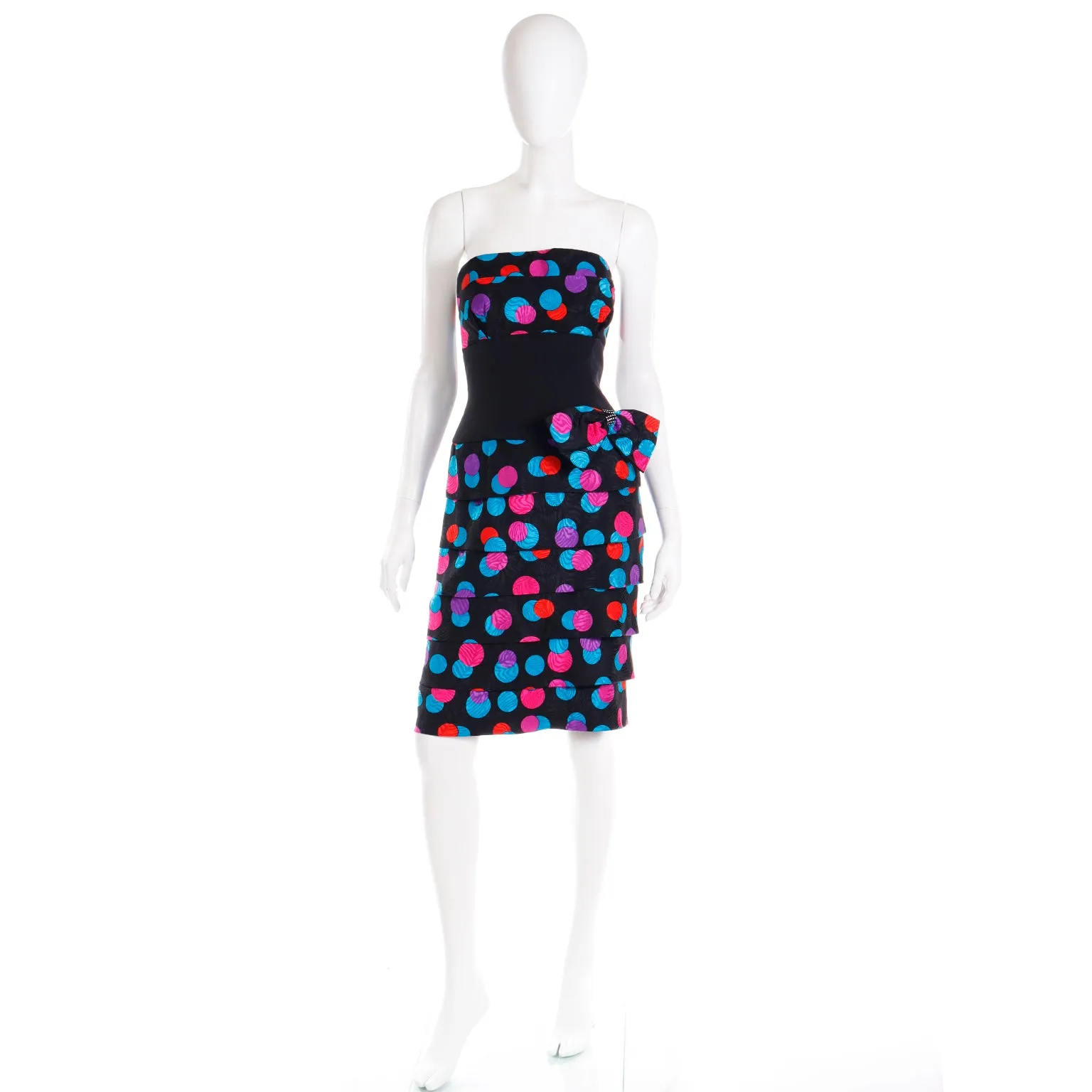 1980s AJ Bari Colorful Silk Polka Dot Strapless Dress w Bow