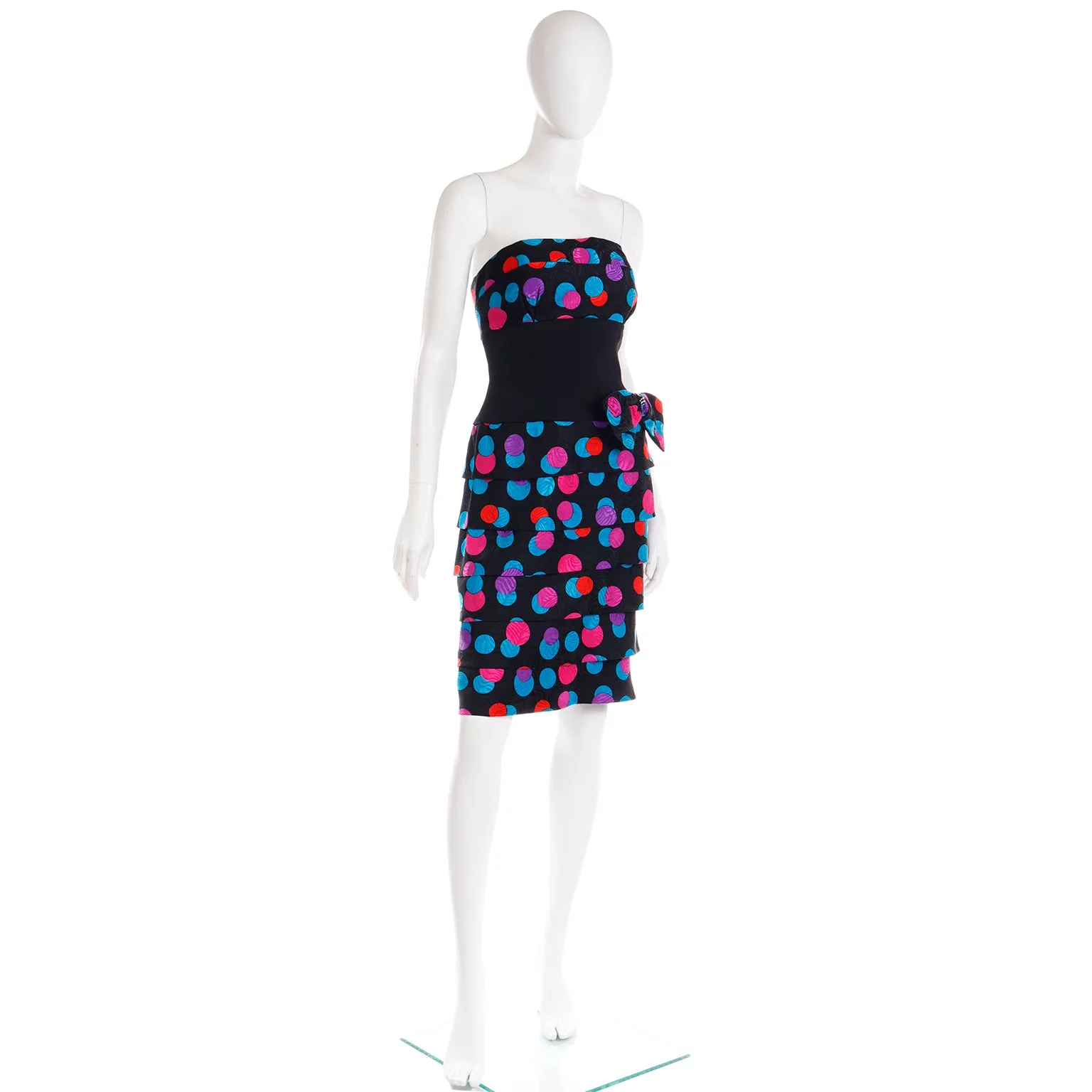 1980s AJ Bari Colorful Silk Polka Dot Strapless Dress w Bow