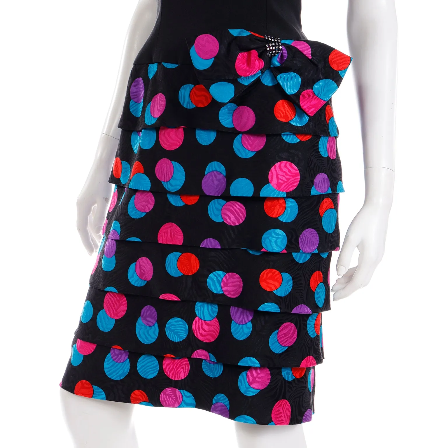 1980s AJ Bari Colorful Silk Polka Dot Strapless Dress w Bow