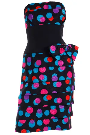 1980s AJ Bari Colorful Silk Polka Dot Strapless Dress w Bow