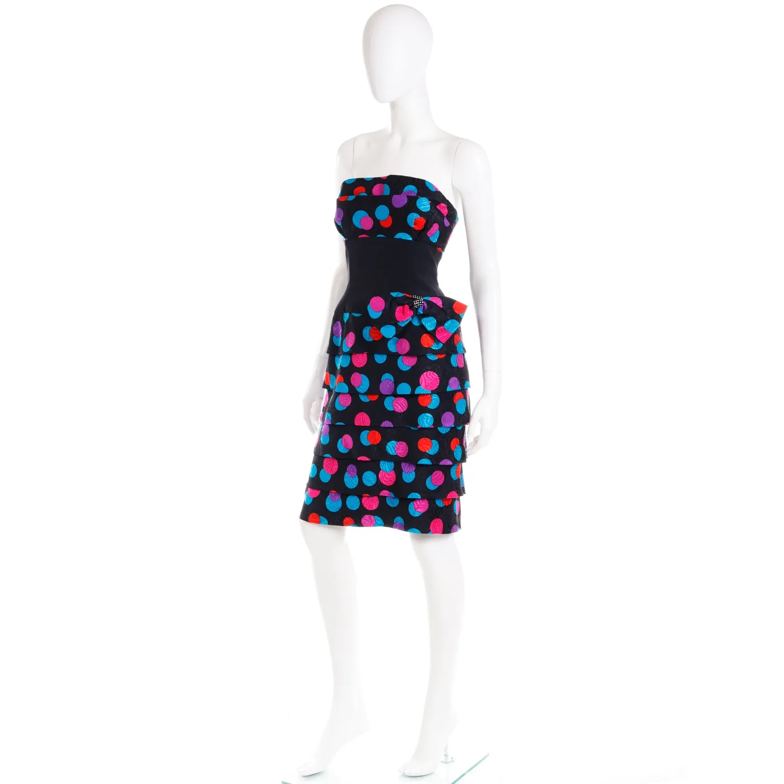 1980s AJ Bari Colorful Silk Polka Dot Strapless Dress w Bow