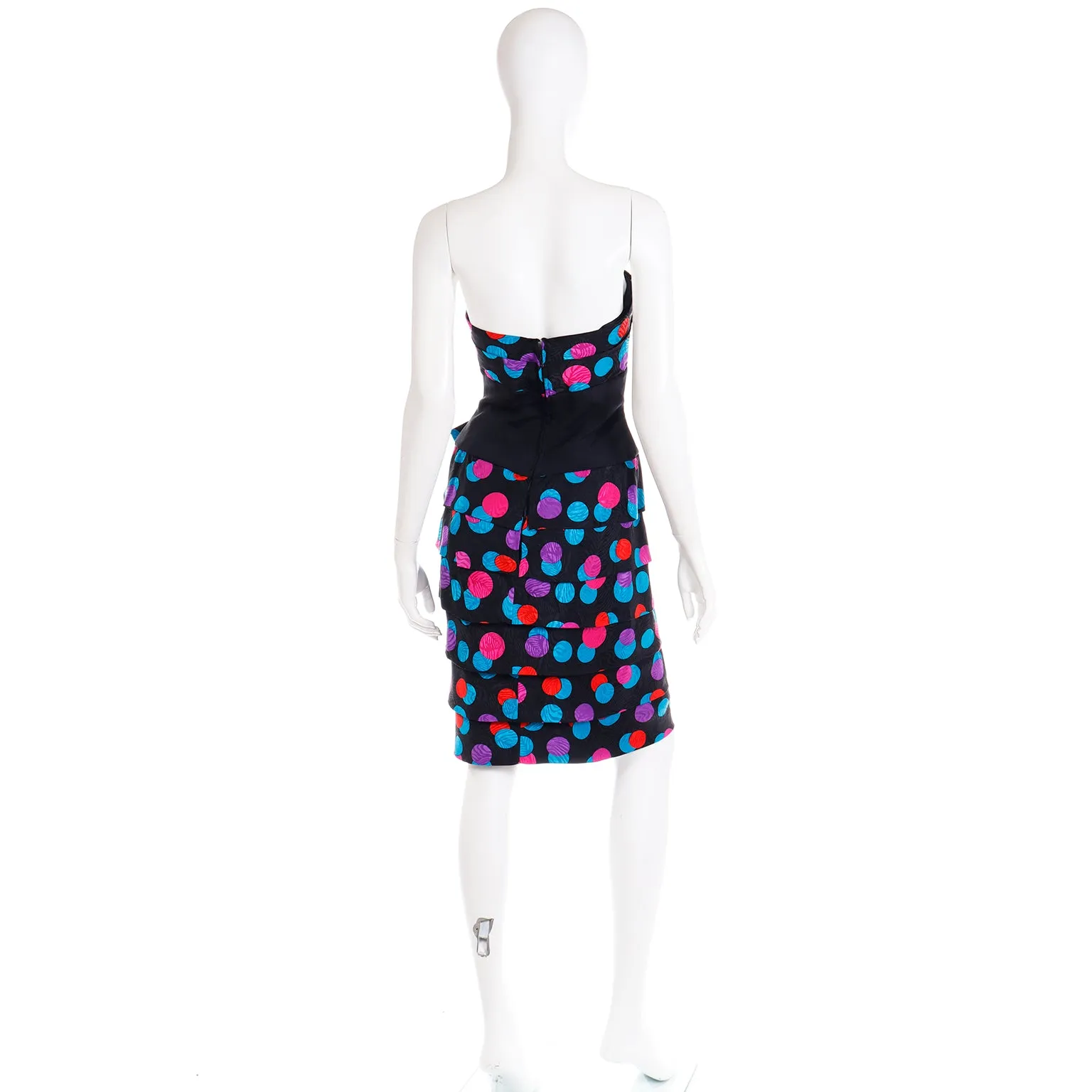 1980s AJ Bari Colorful Silk Polka Dot Strapless Dress w Bow