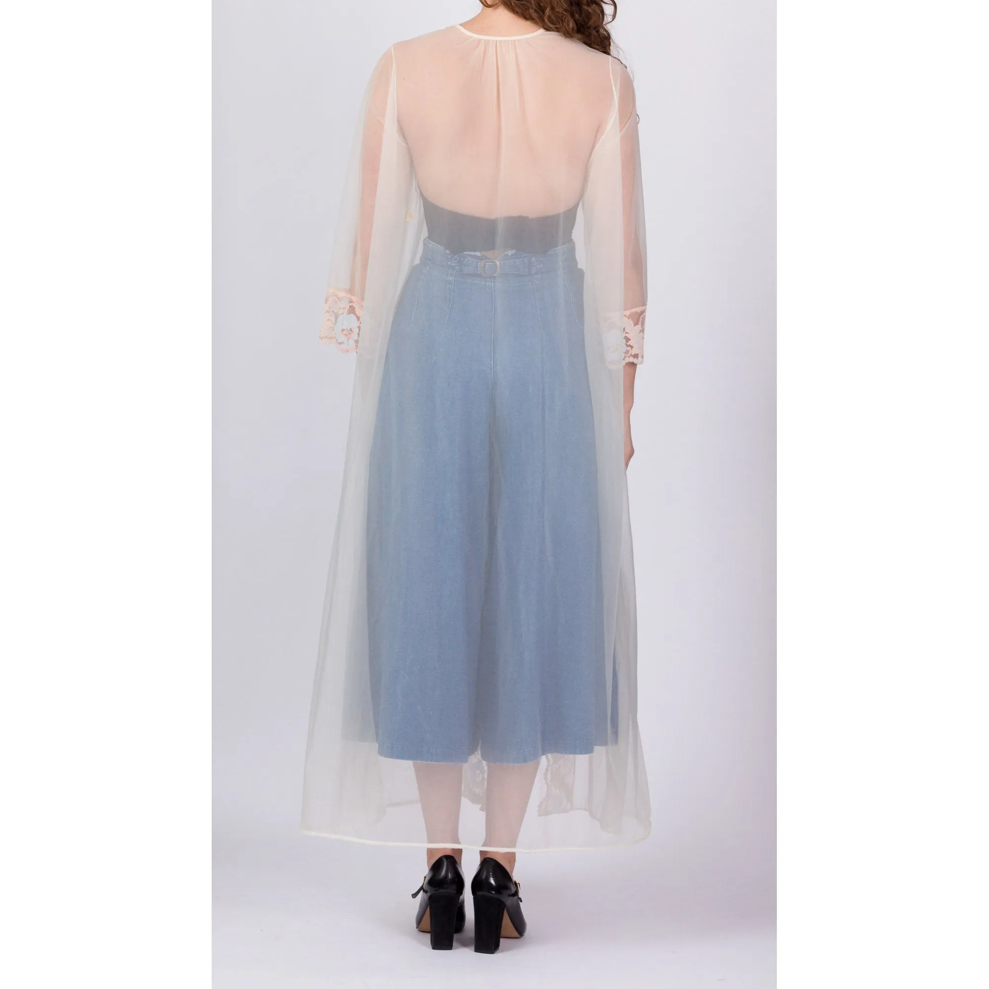 60s 70s Sheer Bluebell Lace Peignoir - Medium