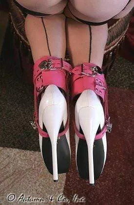 6793A-SIS      Enforced Sissy Femininity Hot Pink Locking Bondage Shoe Cuffs