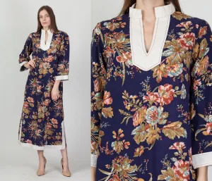 70s Boho Blue Floral Kaftan Dress - Medium