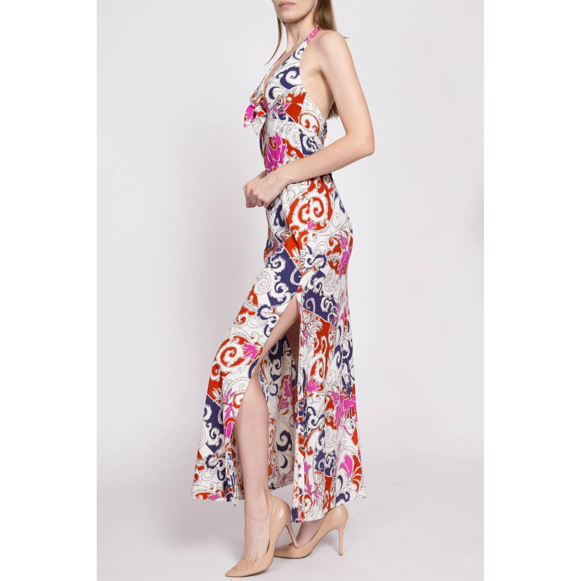 70s Psychedelic Trumpet Flower Print Halter Maxi Dress - XS to Small