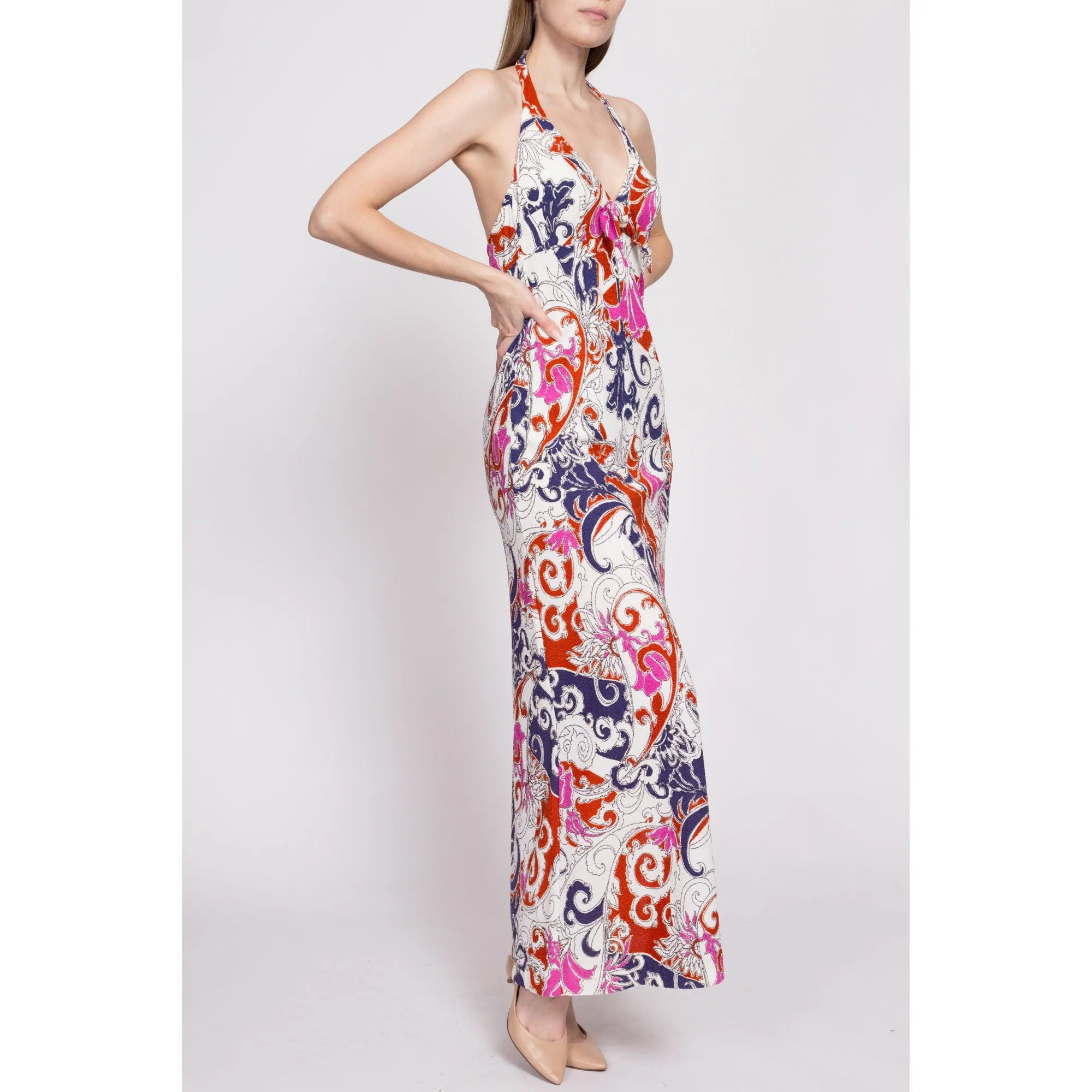 70s Psychedelic Trumpet Flower Print Halter Maxi Dress - XS to Small