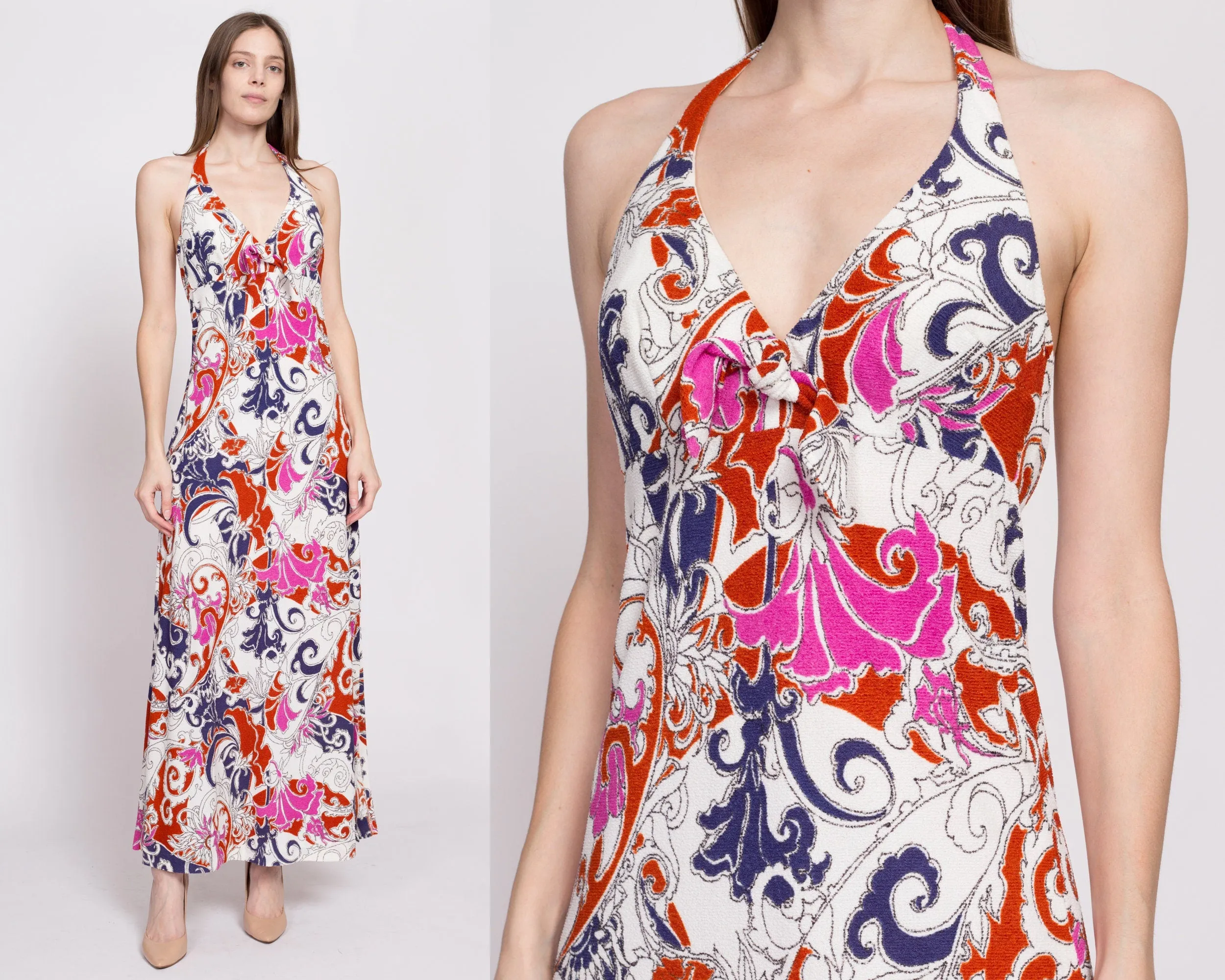 70s Psychedelic Trumpet Flower Print Halter Maxi Dress - XS to Small