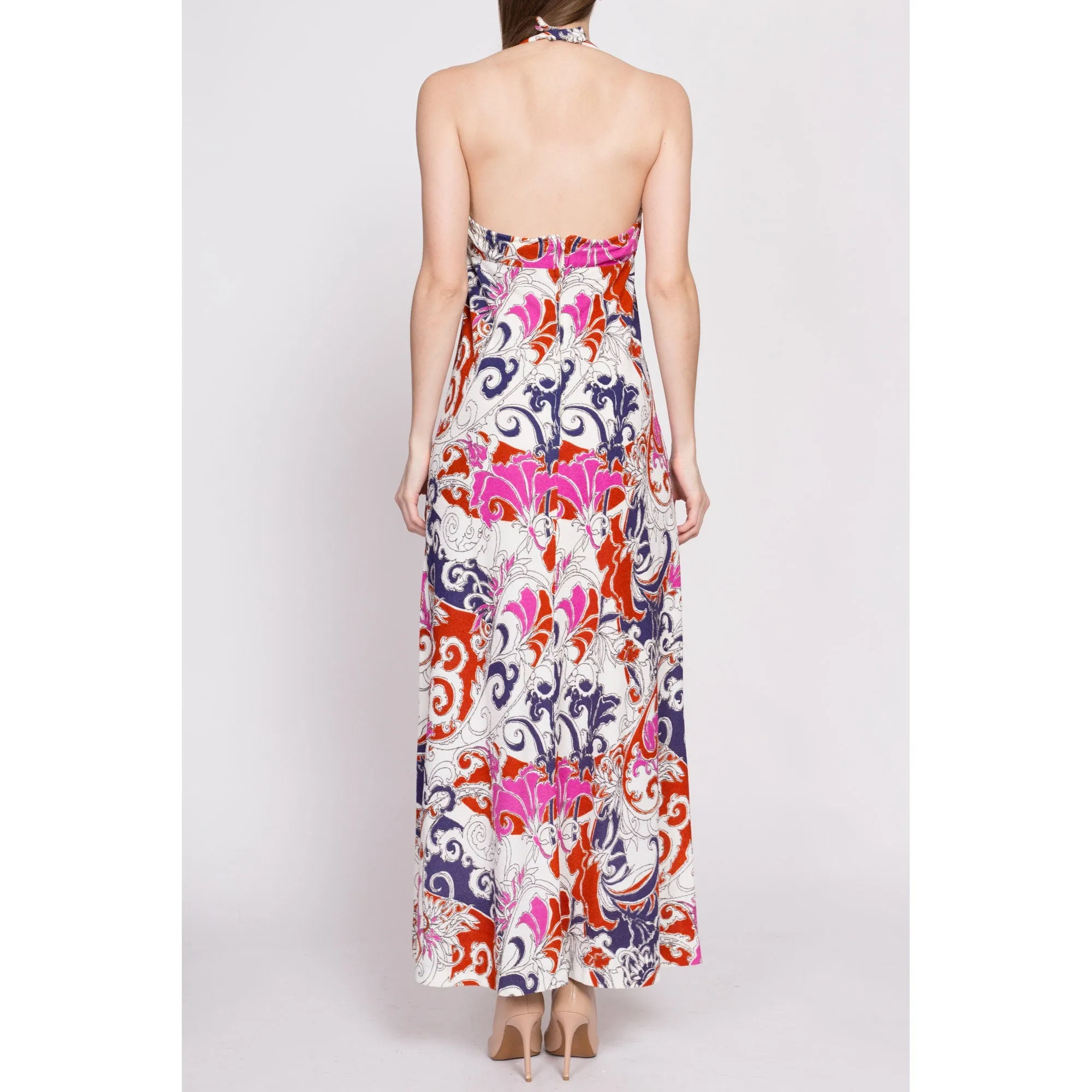 70s Psychedelic Trumpet Flower Print Halter Maxi Dress - XS to Small