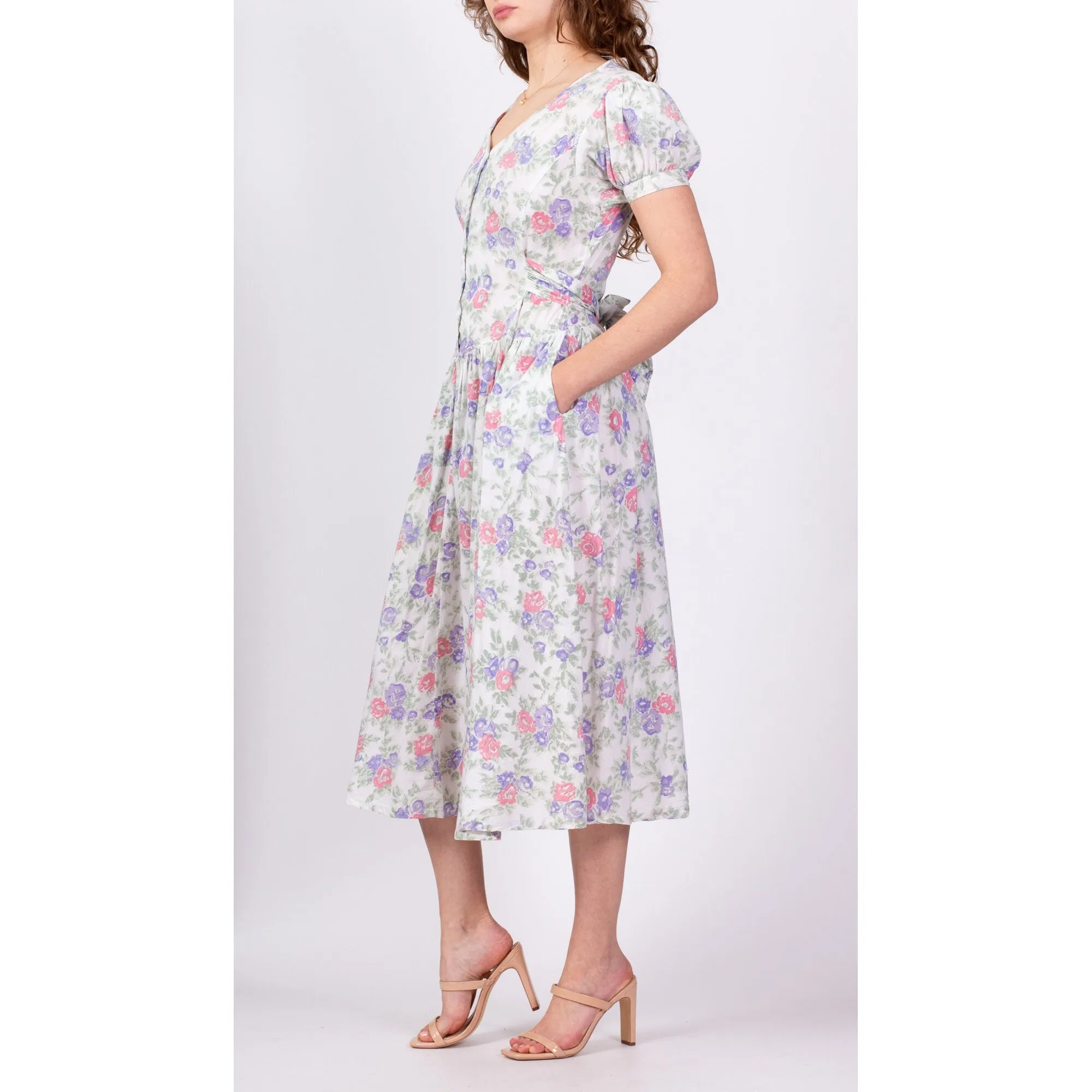 80s Floral Puff Sleeve Princess Waist Midi Dress - Small