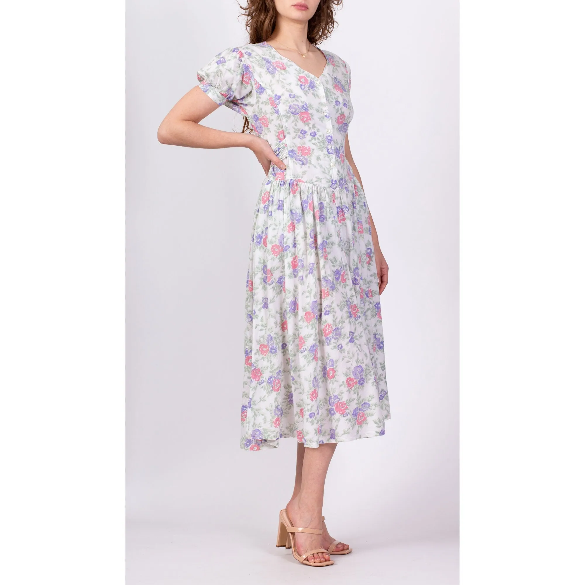 80s Floral Puff Sleeve Princess Waist Midi Dress - Small