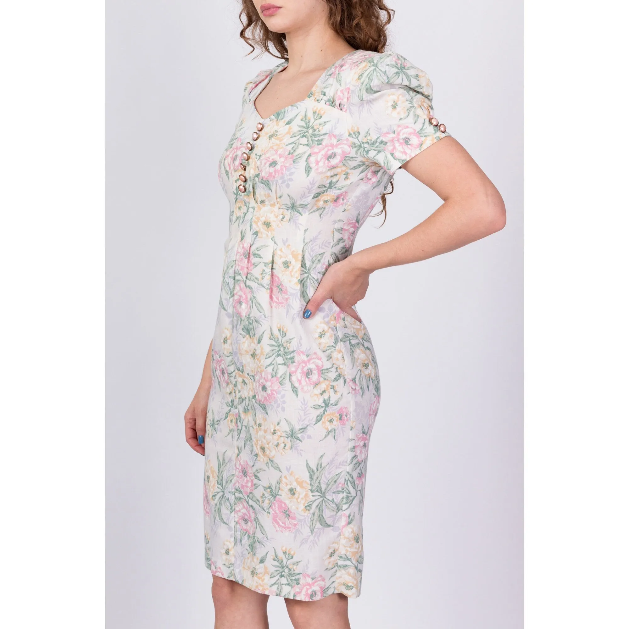 80s Pastel Floral Puff Sleeve Dress - Medium