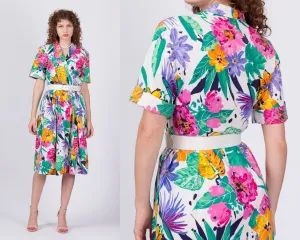 80s Tropical Floral Belted Shirtdress - Small