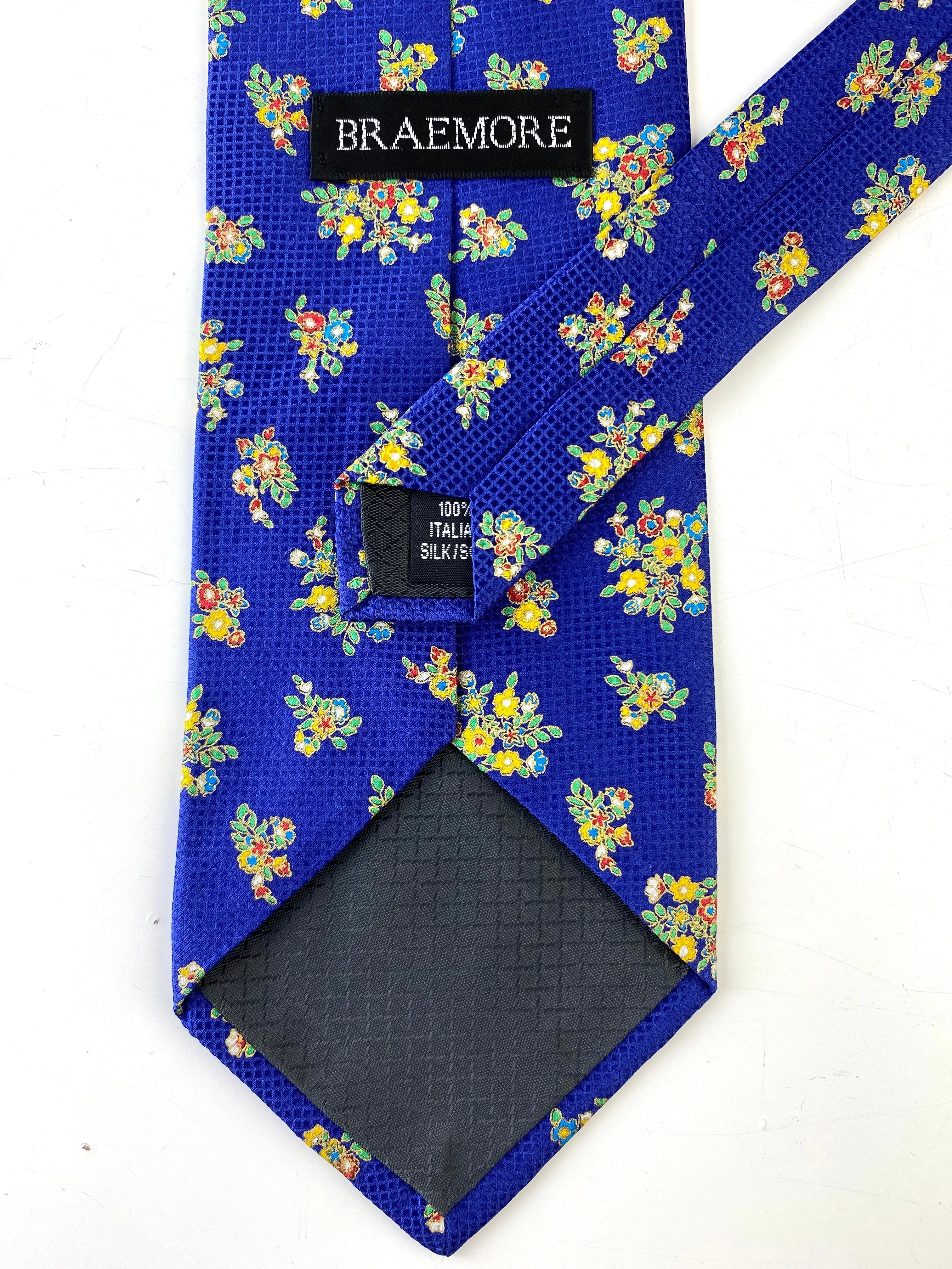 90s Deadstock Silk Necktie, Men's Vintage Blue/ Yellow Gold Floral Pattern Tie, NOS