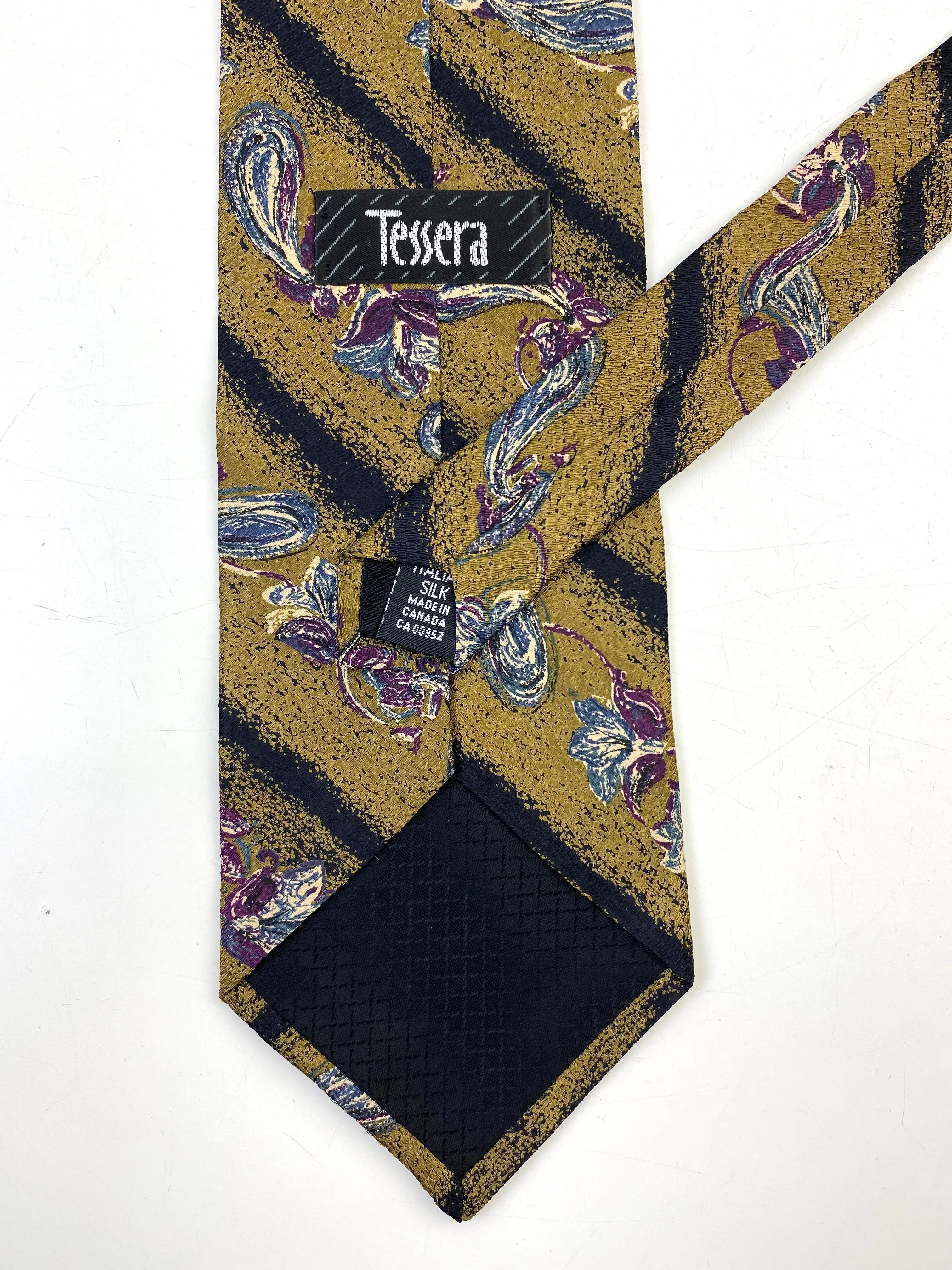 90s Deadstock Silk Necktie, Men's Vintage Gold/Purple Diagonal Stripe Floral Paisley Pattern Tie, NOS