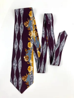 90s Deadstock Silk Necktie, Men's Vintage Purple/ Gold/ Grey Abstract Floral Pattern Tie, NOS