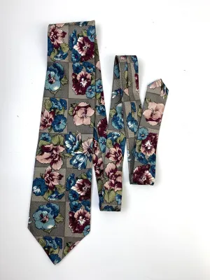 90s Deadstock Silk Necktie, Men's Vintage Taupe/ Blue/ Pink Floral Pattern Tie, NOS