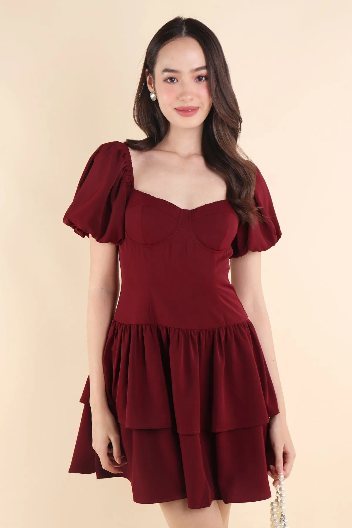 ABRIELLE BUSTIER DRESS IN WINE RED