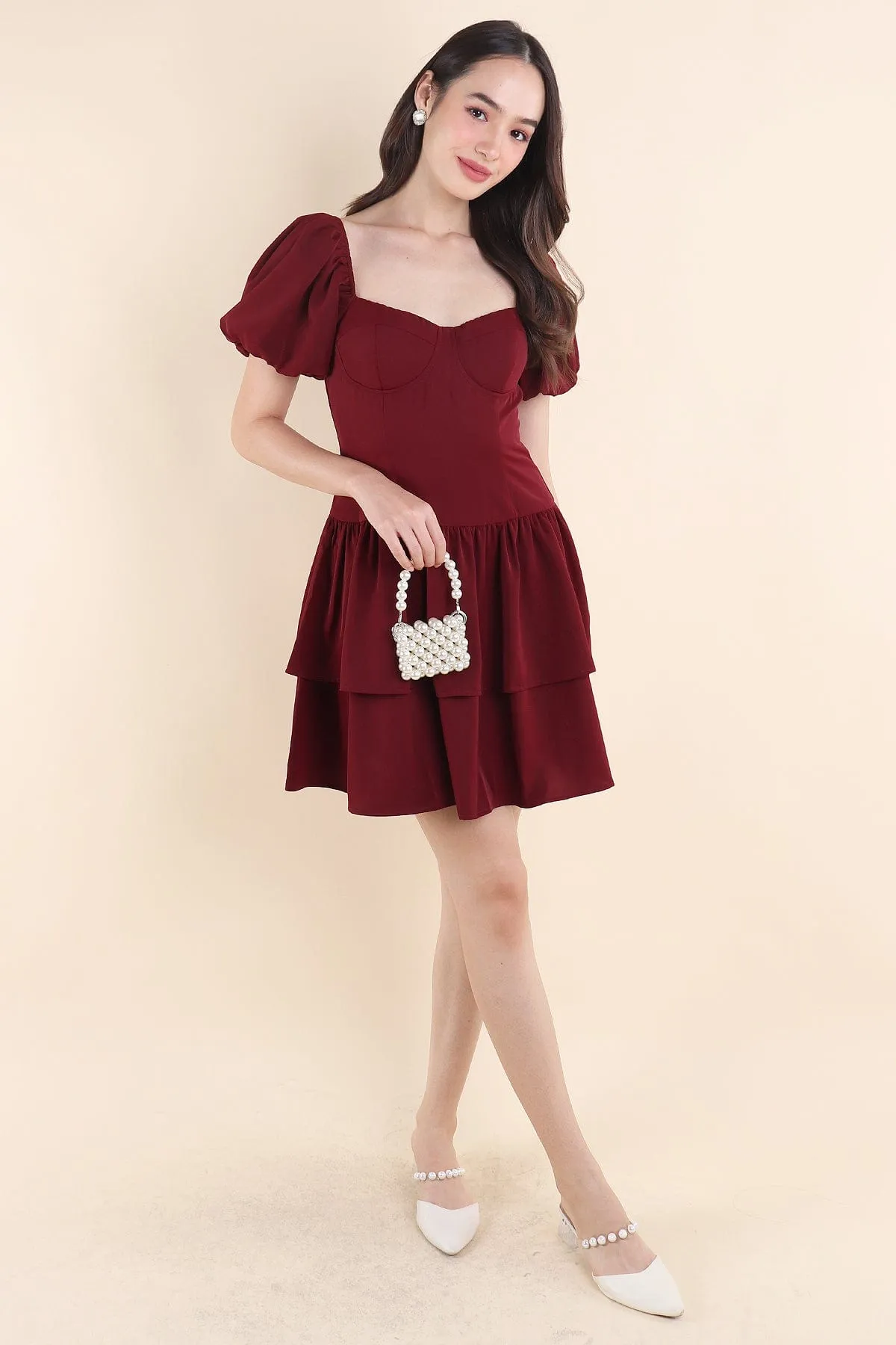 ABRIELLE BUSTIER DRESS IN WINE RED