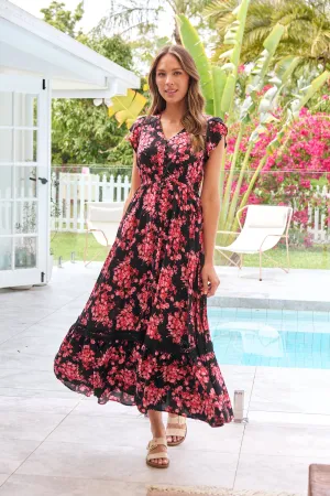 Augustina Black/Pink/Red Floral Button Front Maxi Dress