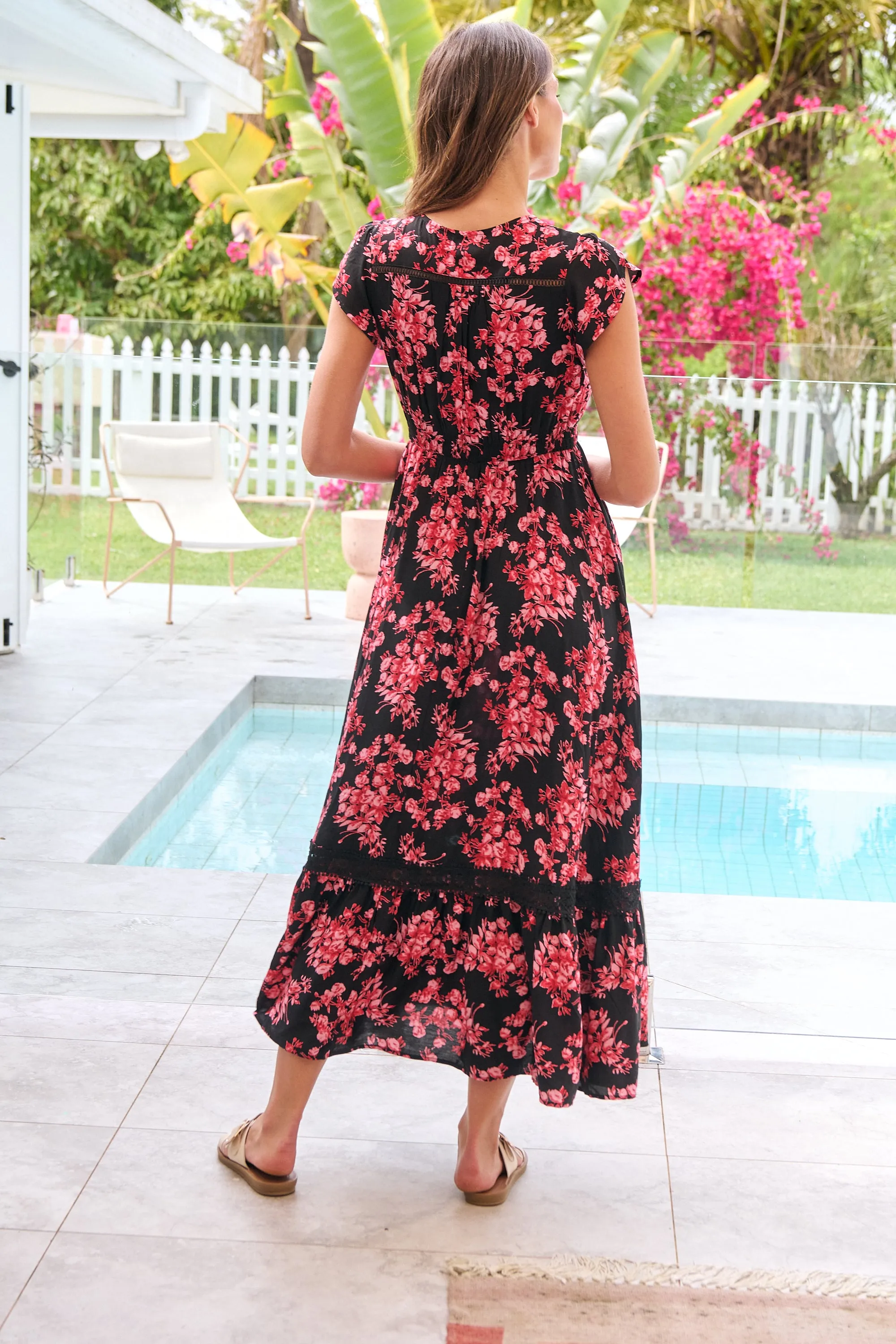 Augustina Black/Pink/Red Floral Button Front Maxi Dress