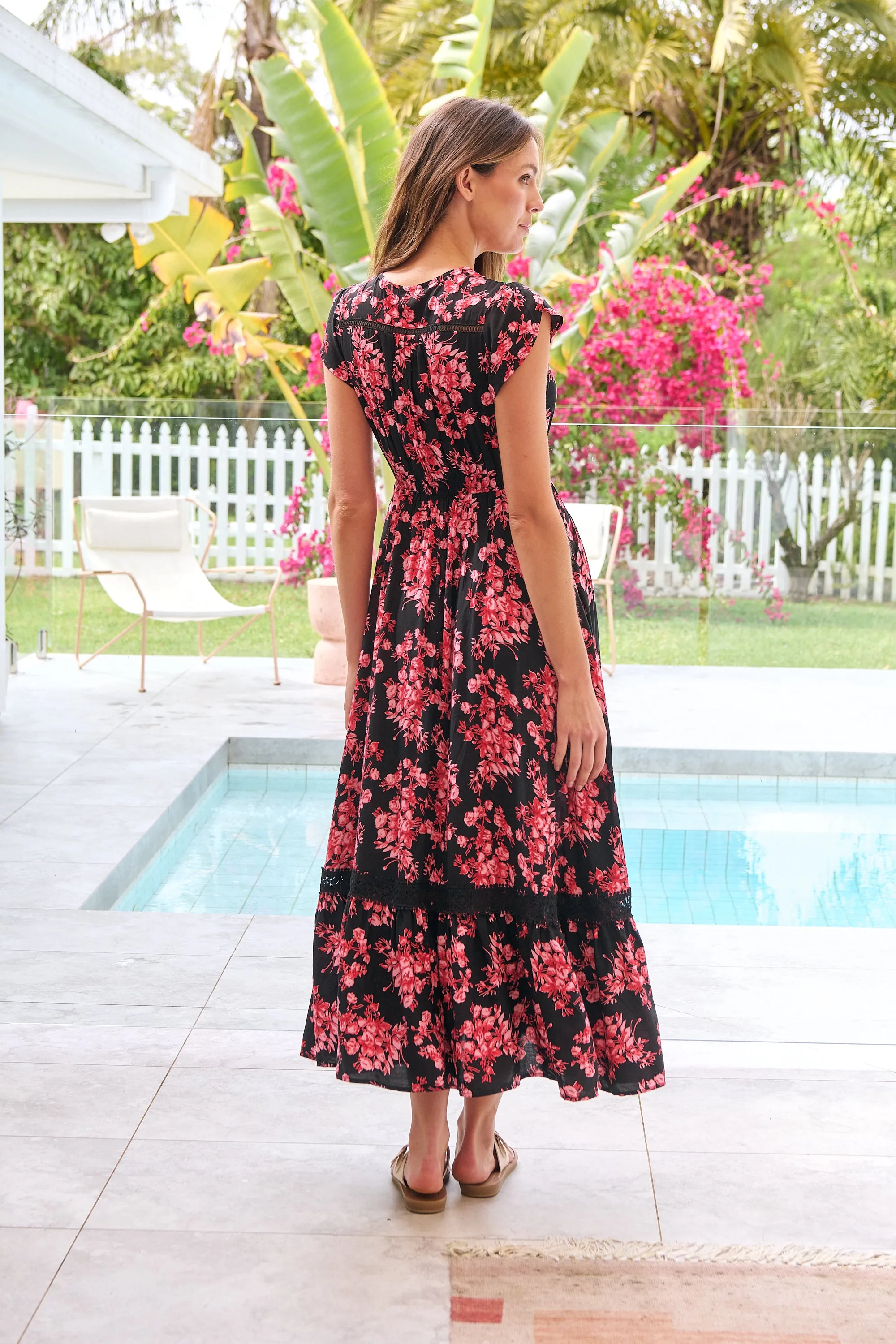 Augustina Black/Pink/Red Floral Button Front Maxi Dress