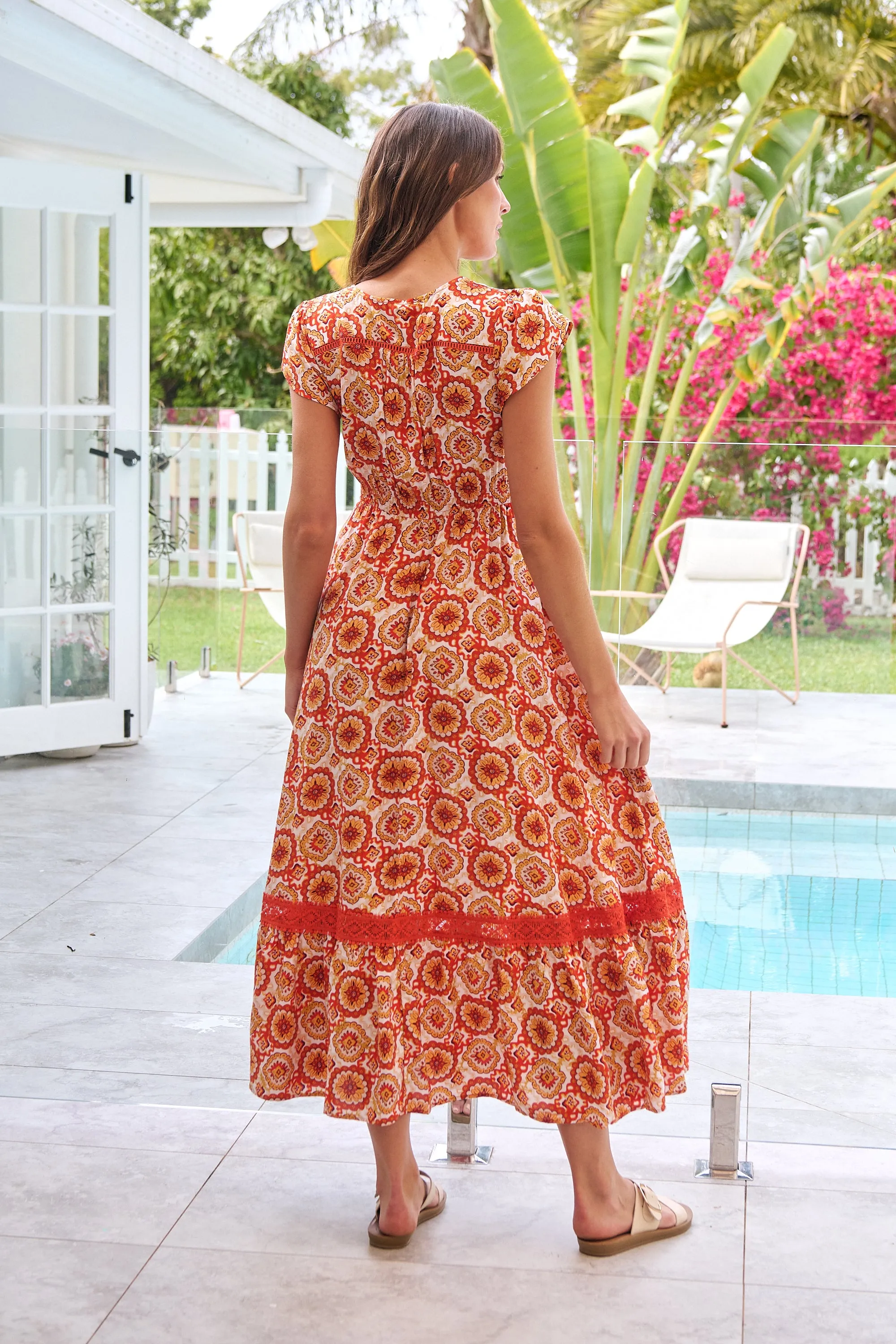 Augustina Button Front Orange Paisley Print Maxi Dress