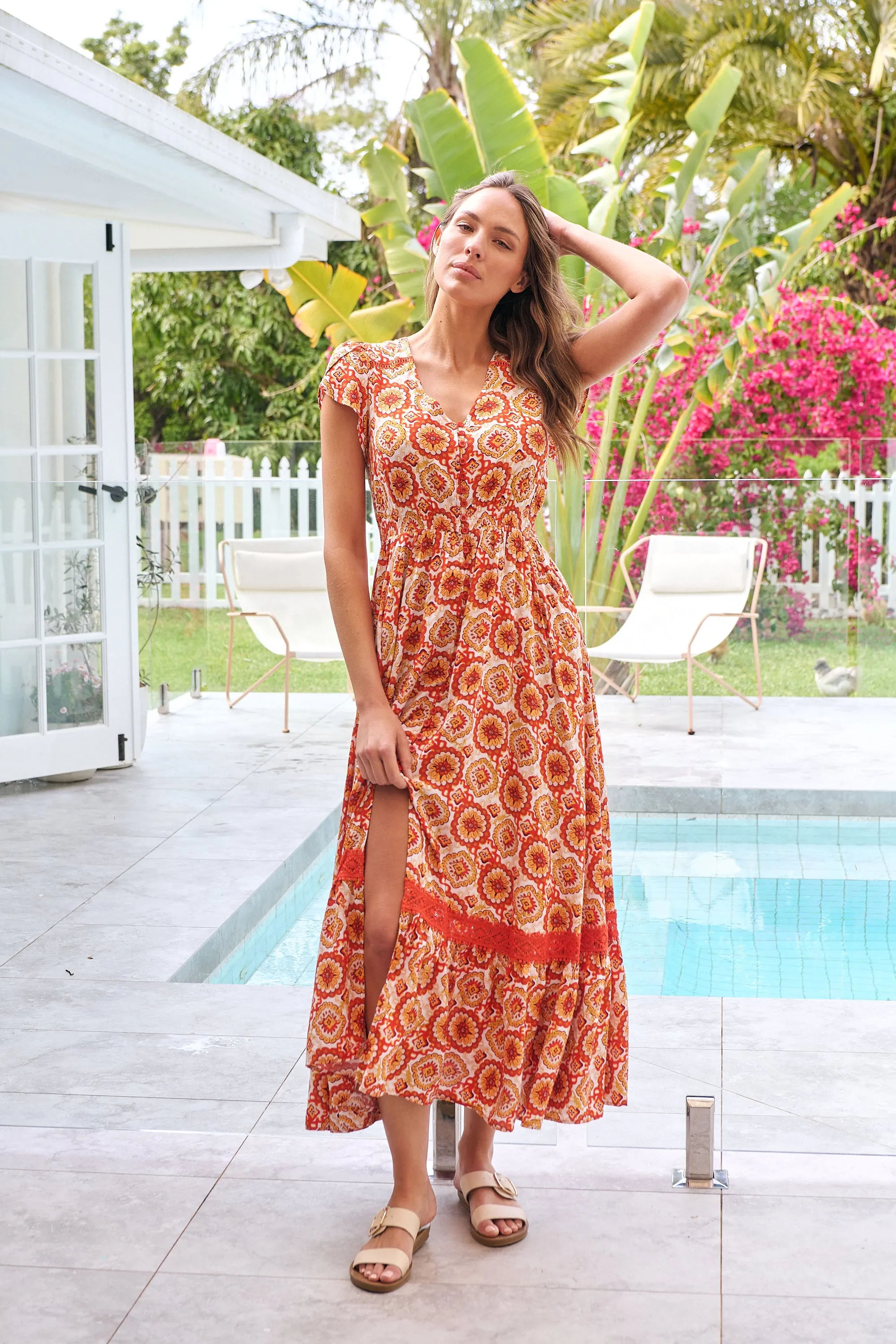 Augustina Button Front Orange Paisley Print Maxi Dress