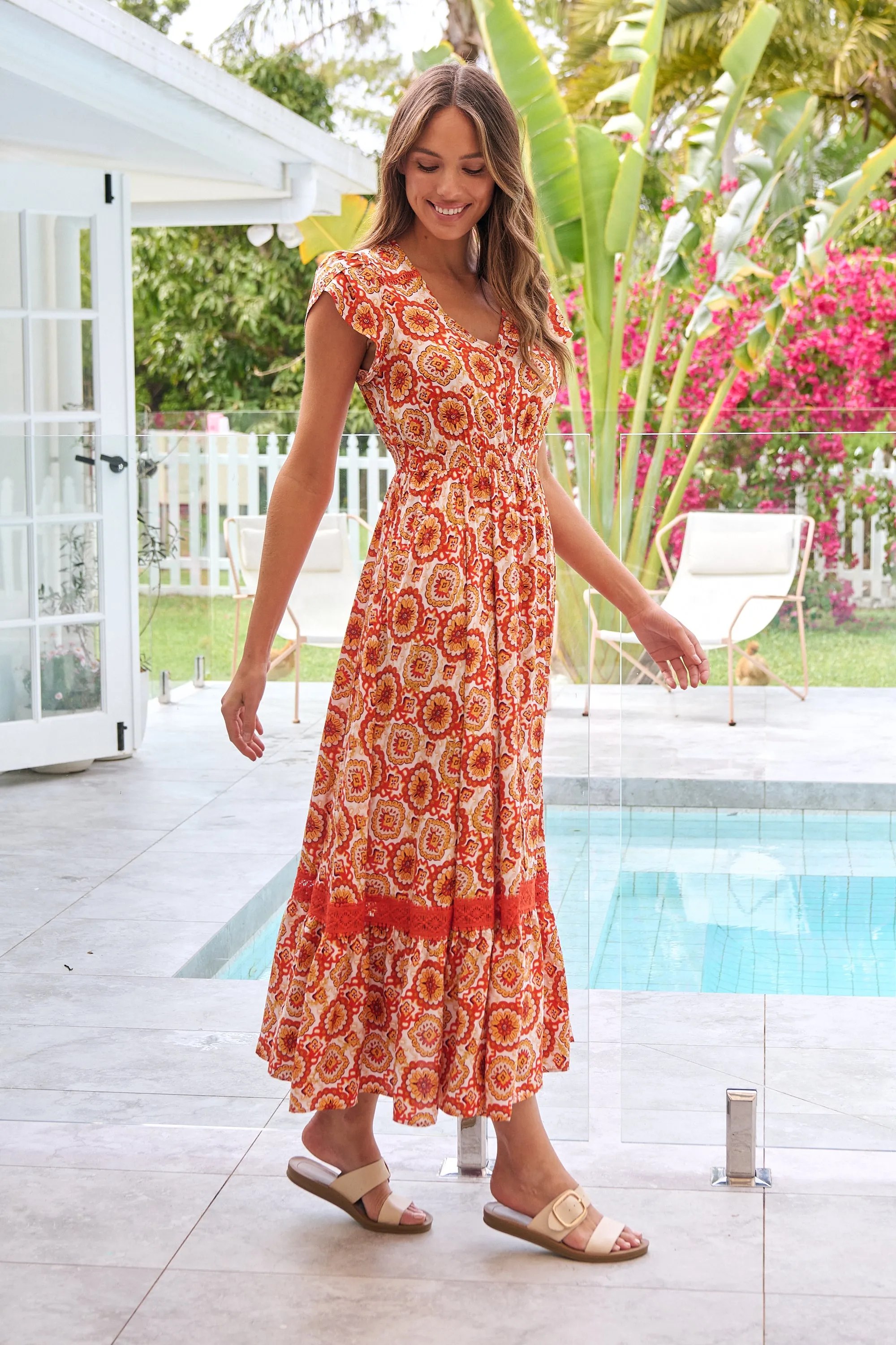 Augustina Button Front Orange Paisley Print Maxi Dress