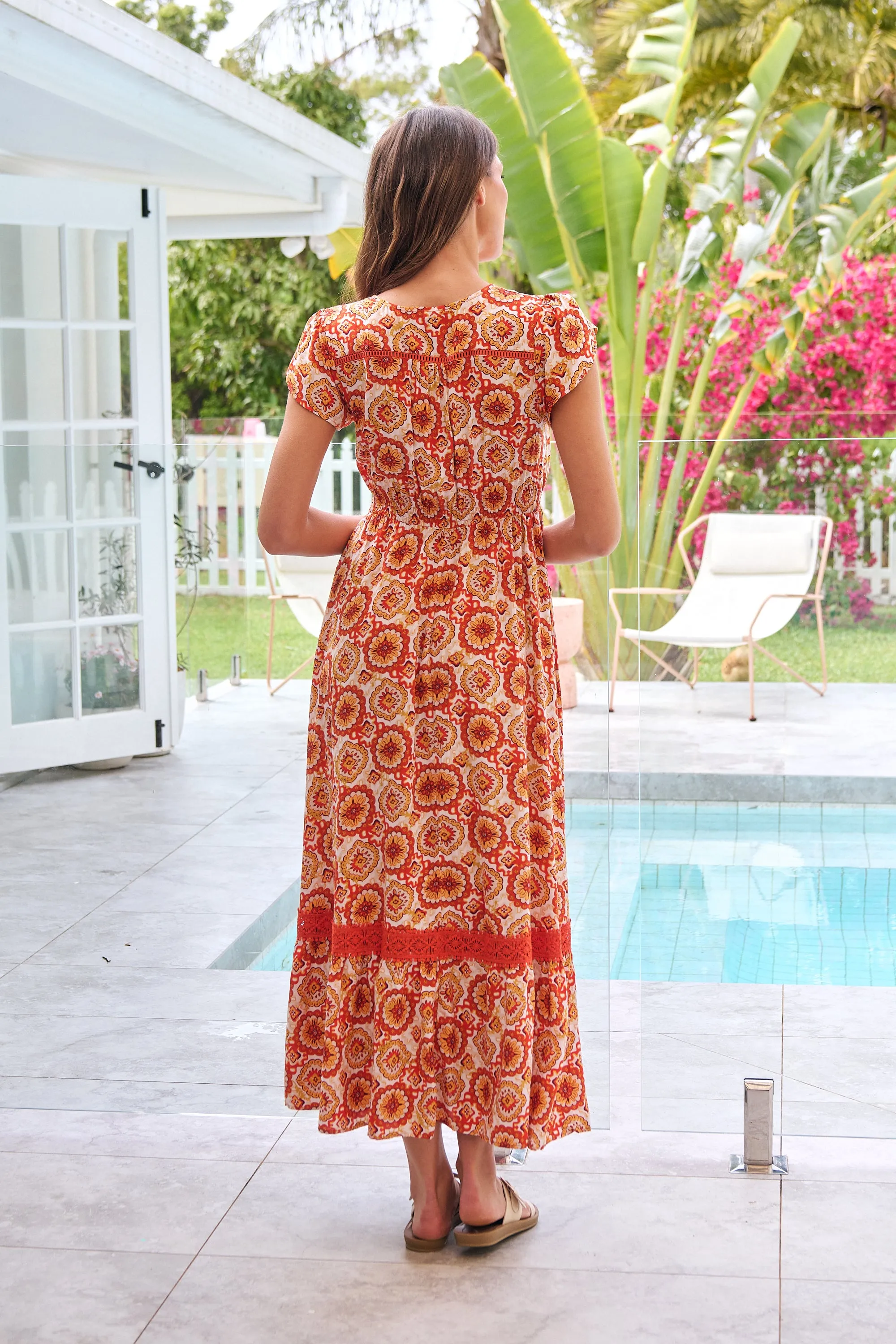 Augustina Button Front Orange Paisley Print Maxi Dress