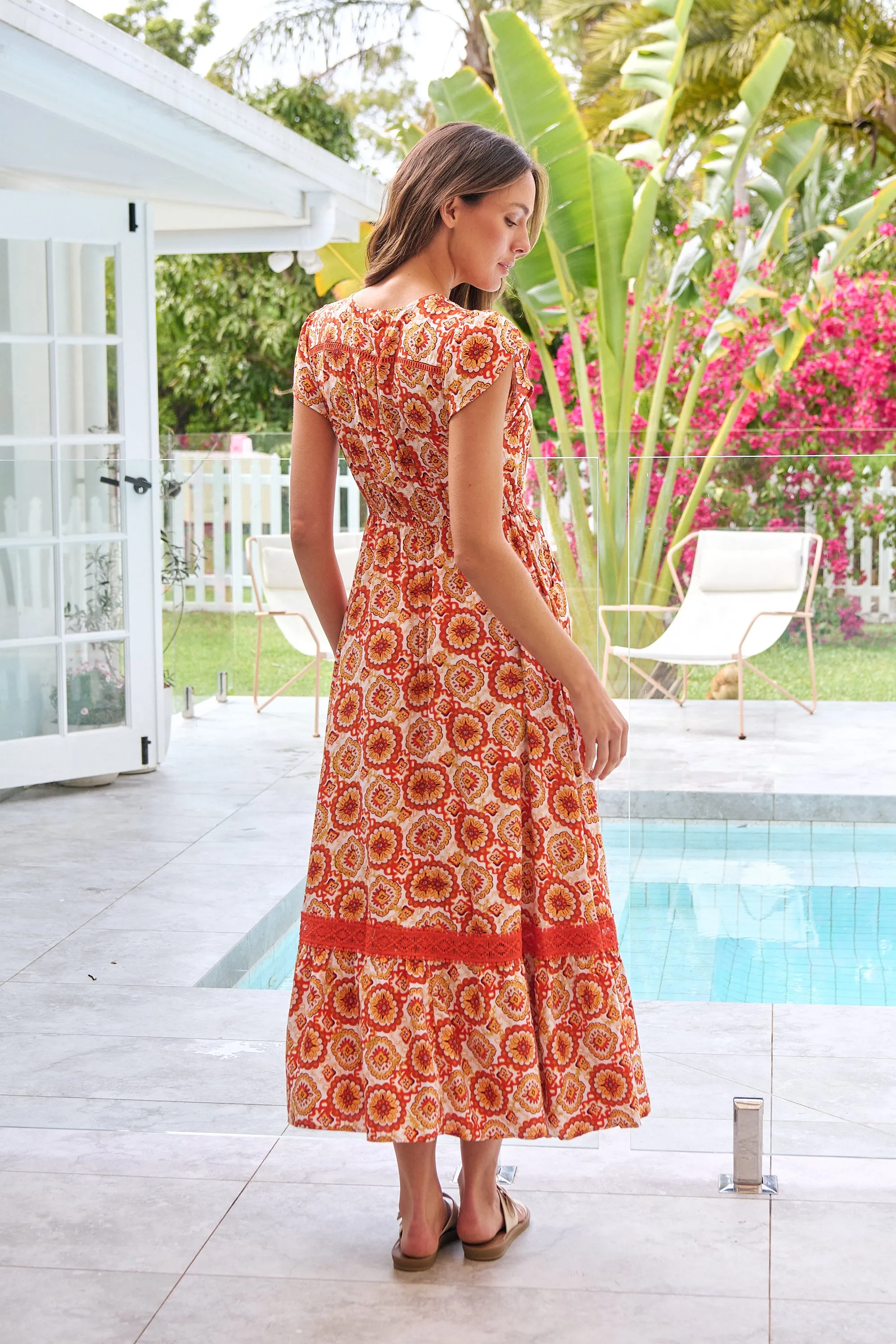 Augustina Button Front Orange Paisley Print Maxi Dress