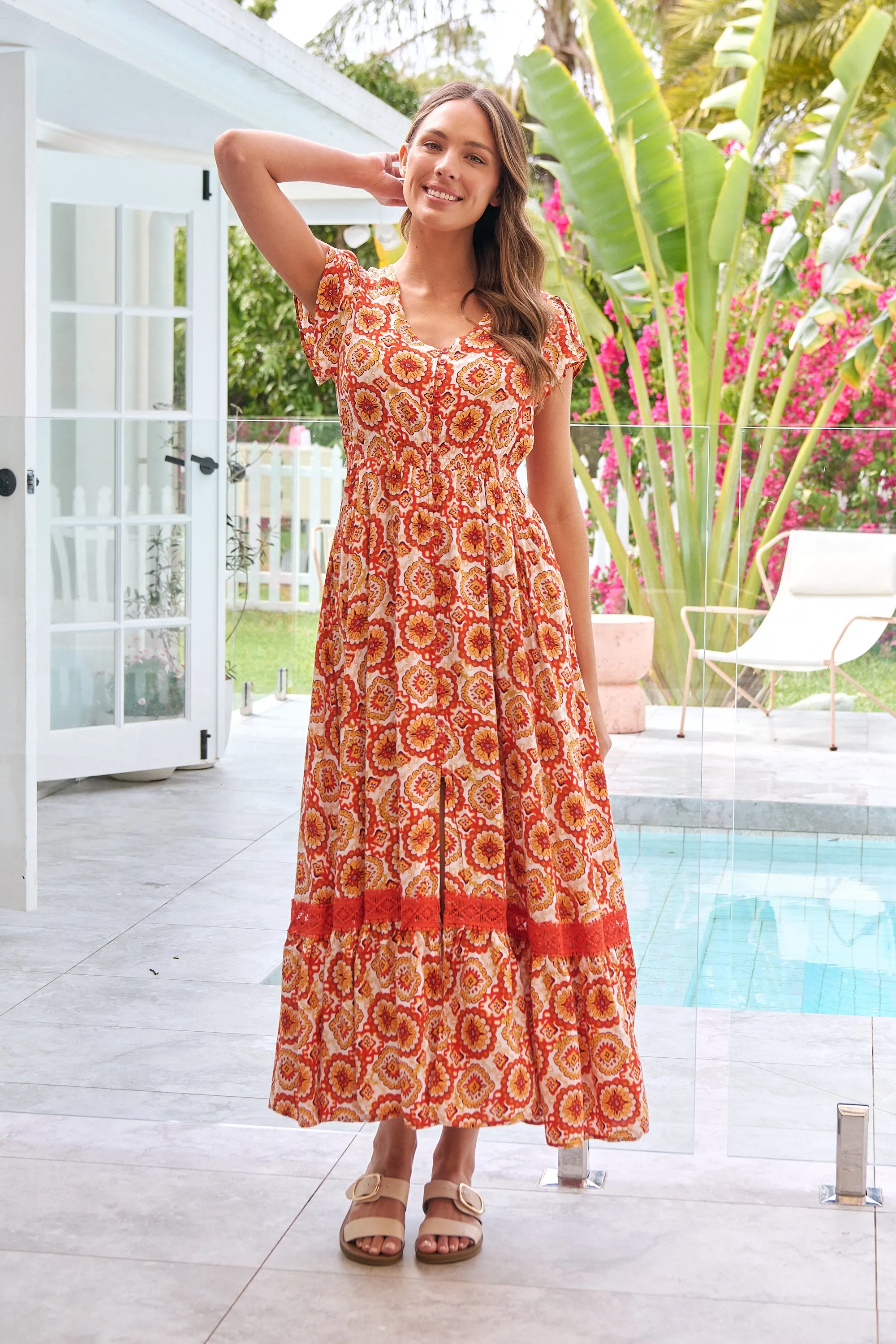 Augustina Button Front Orange Paisley Print Maxi Dress