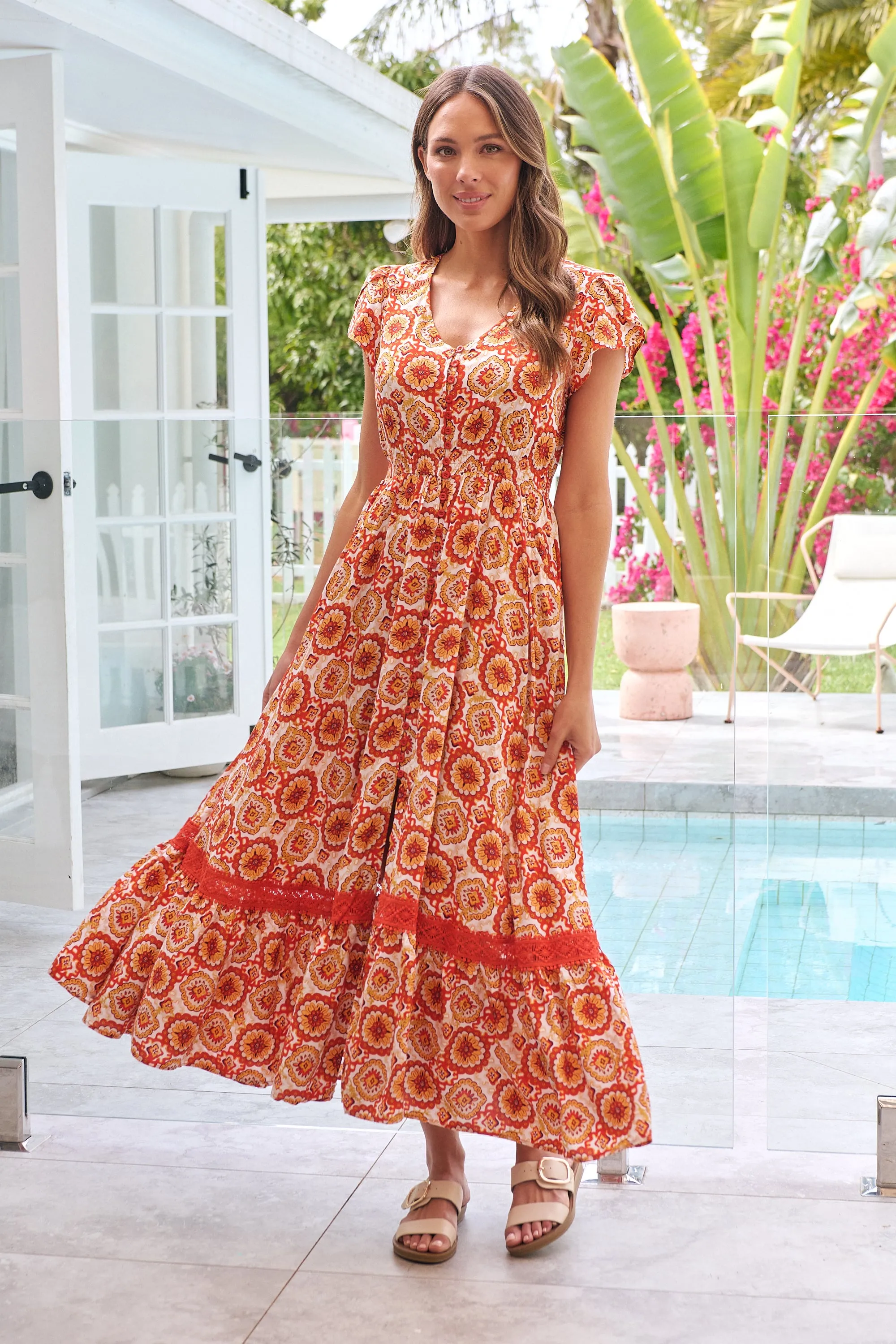 Augustina Button Front Orange Paisley Print Maxi Dress