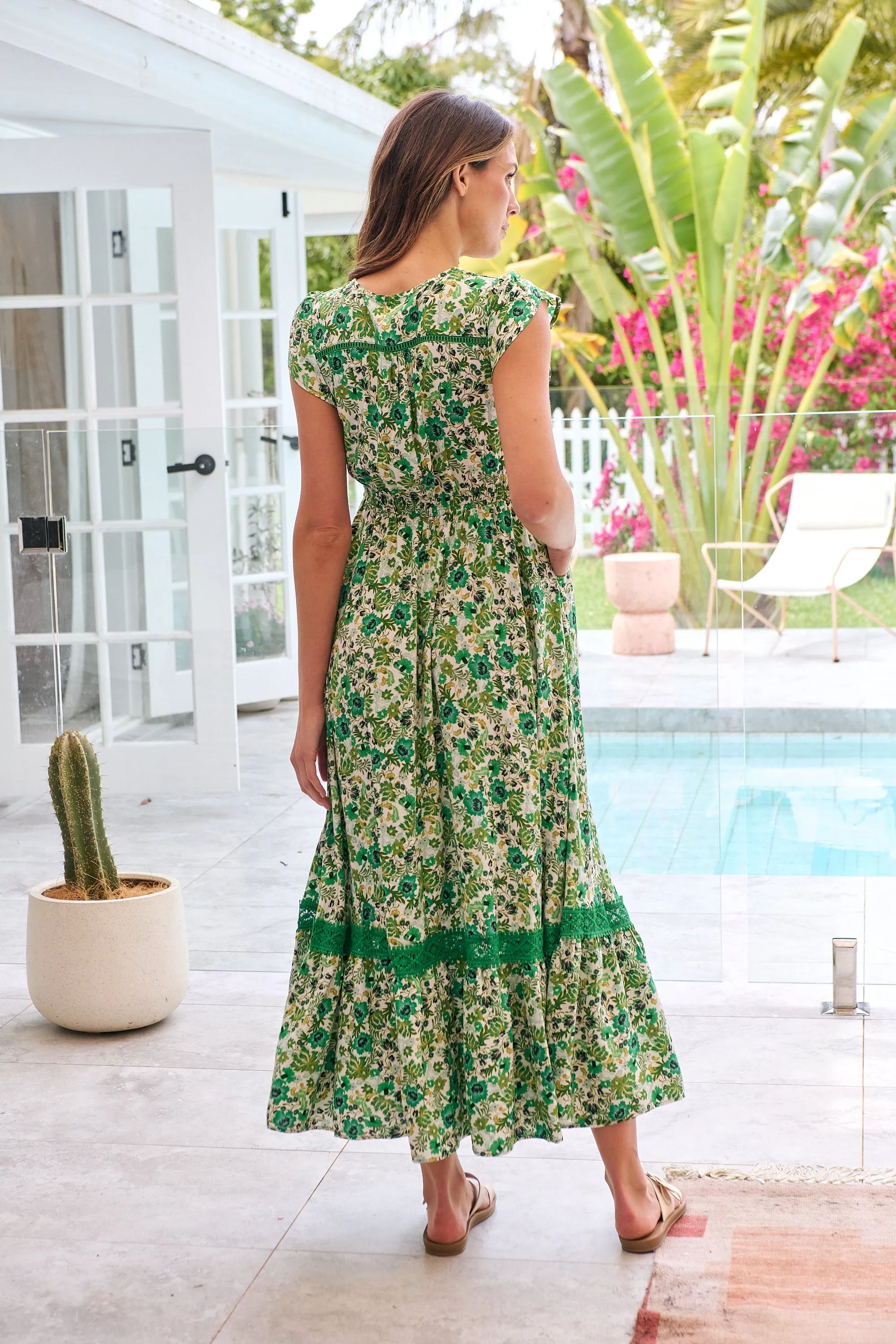 Augustina Button Front Shamrock Green Floral Print Maxi Dress