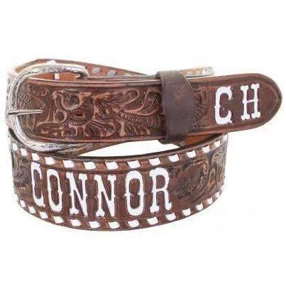 B086SA - FAST SHIP Brown Vintage Tooled Belt with Initials