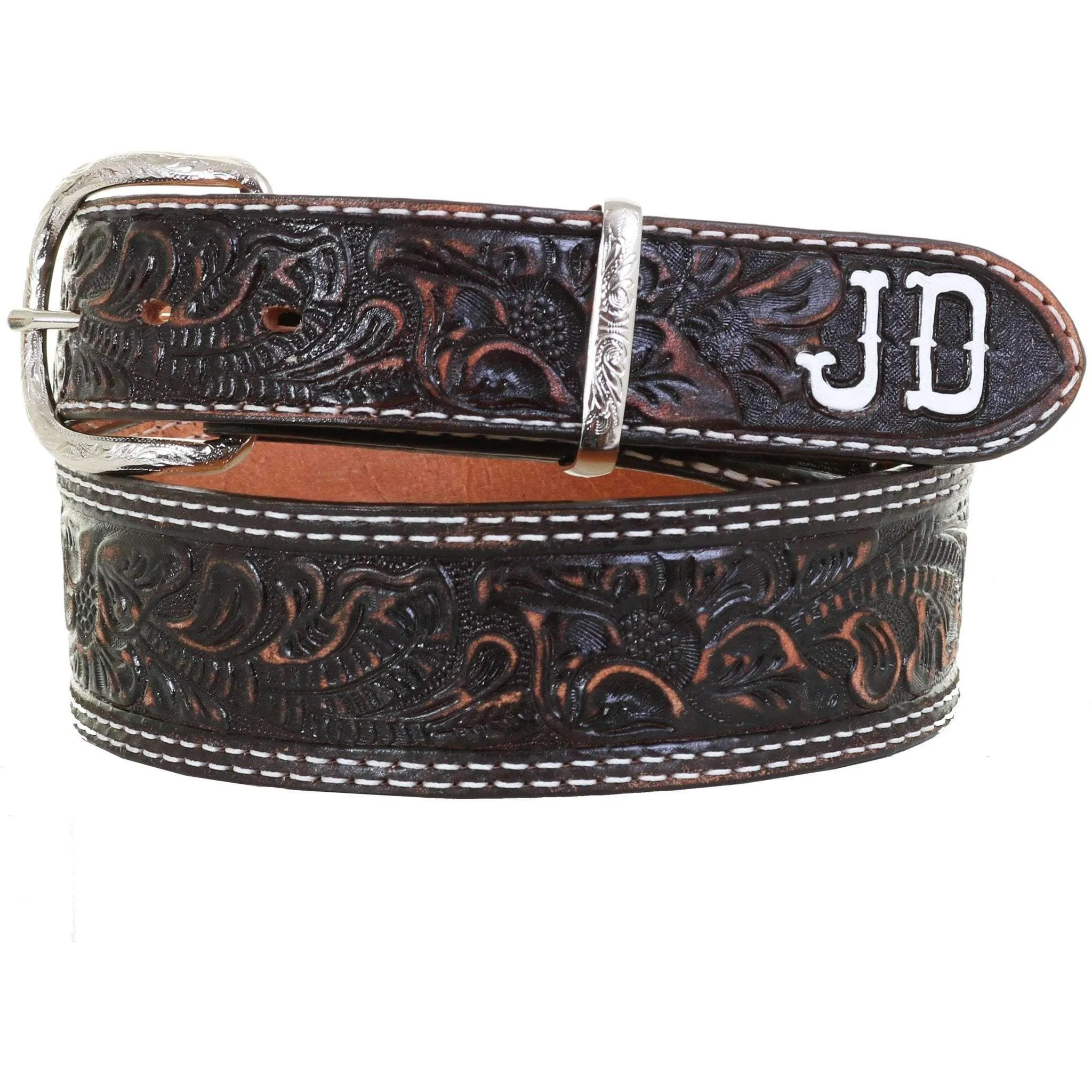 B1064A - FAST SHIP Brown Vintage Tooled Belt with Initials