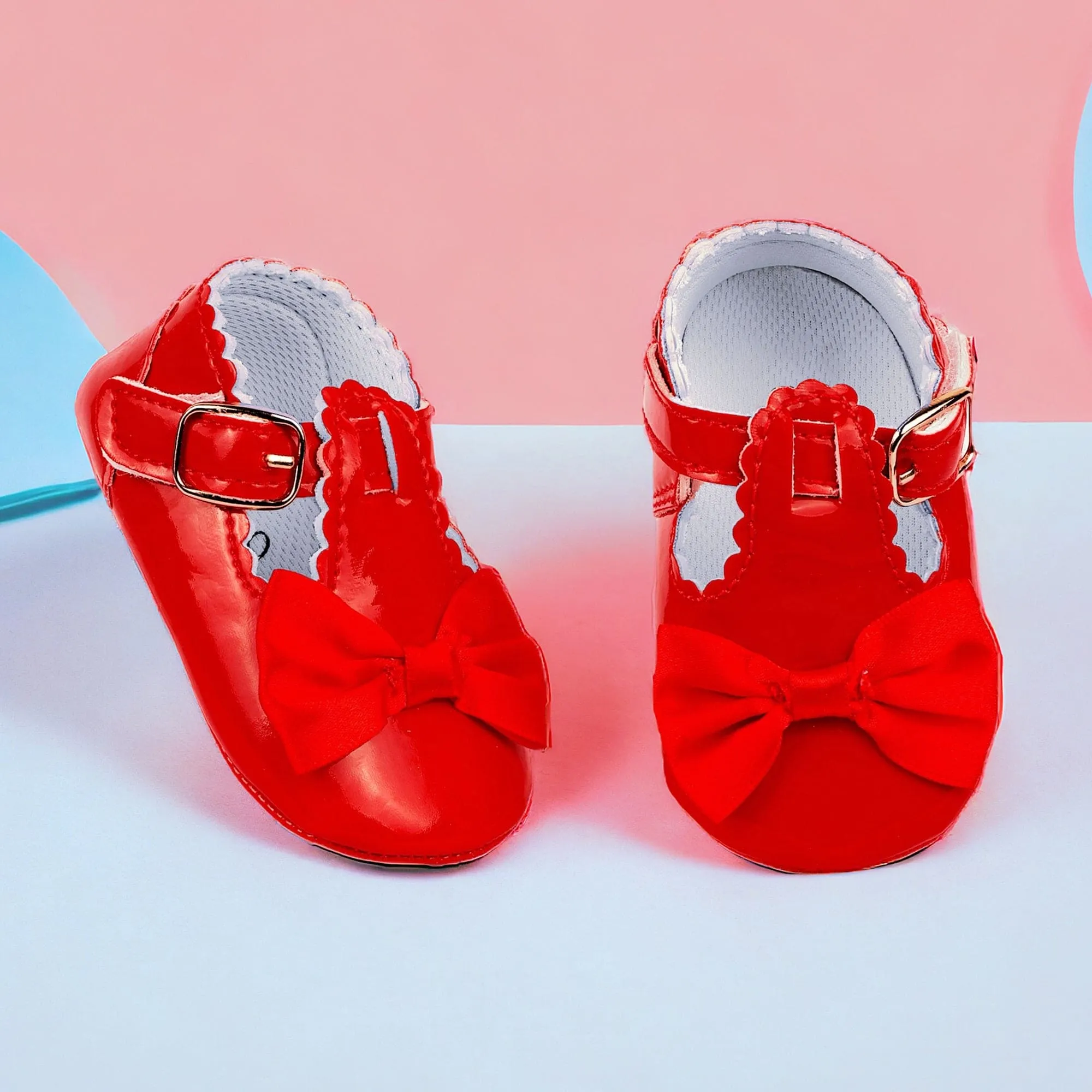 Baby Moo Mary Jane Bow Patent Leather Anti-Skid Ballerina Booties - Red