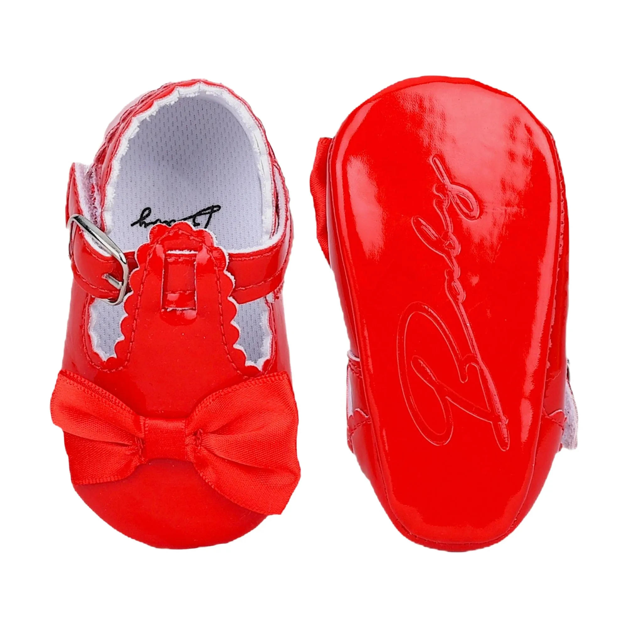 Baby Moo Mary Jane Bow Patent Leather Anti-Skid Ballerina Booties - Red