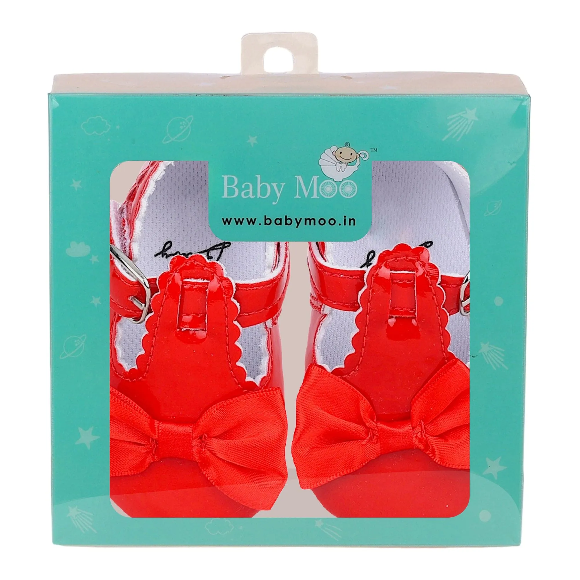 Baby Moo Mary Jane Bow Patent Leather Anti-Skid Ballerina Booties - Red