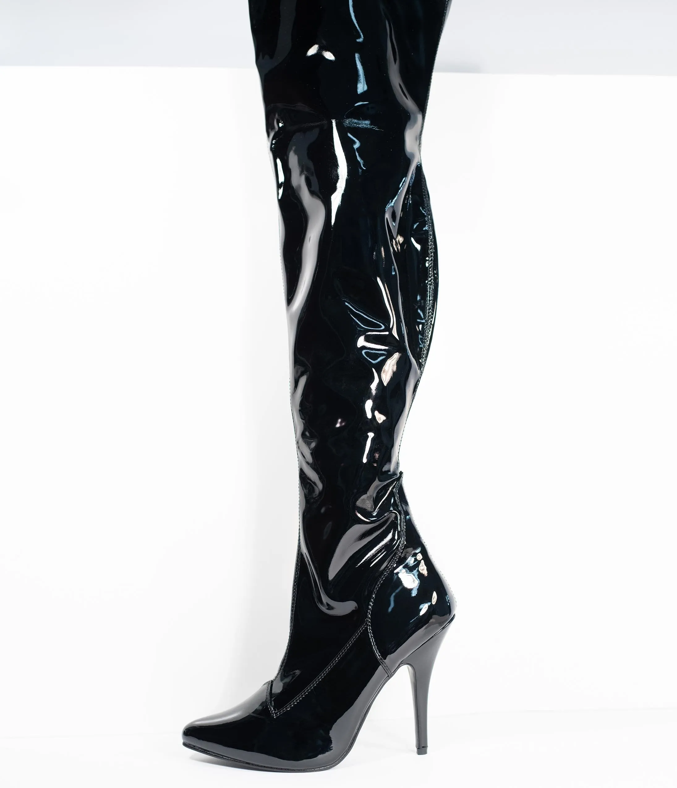 Black Patent Leatherette Stiletto Thigh High Boots